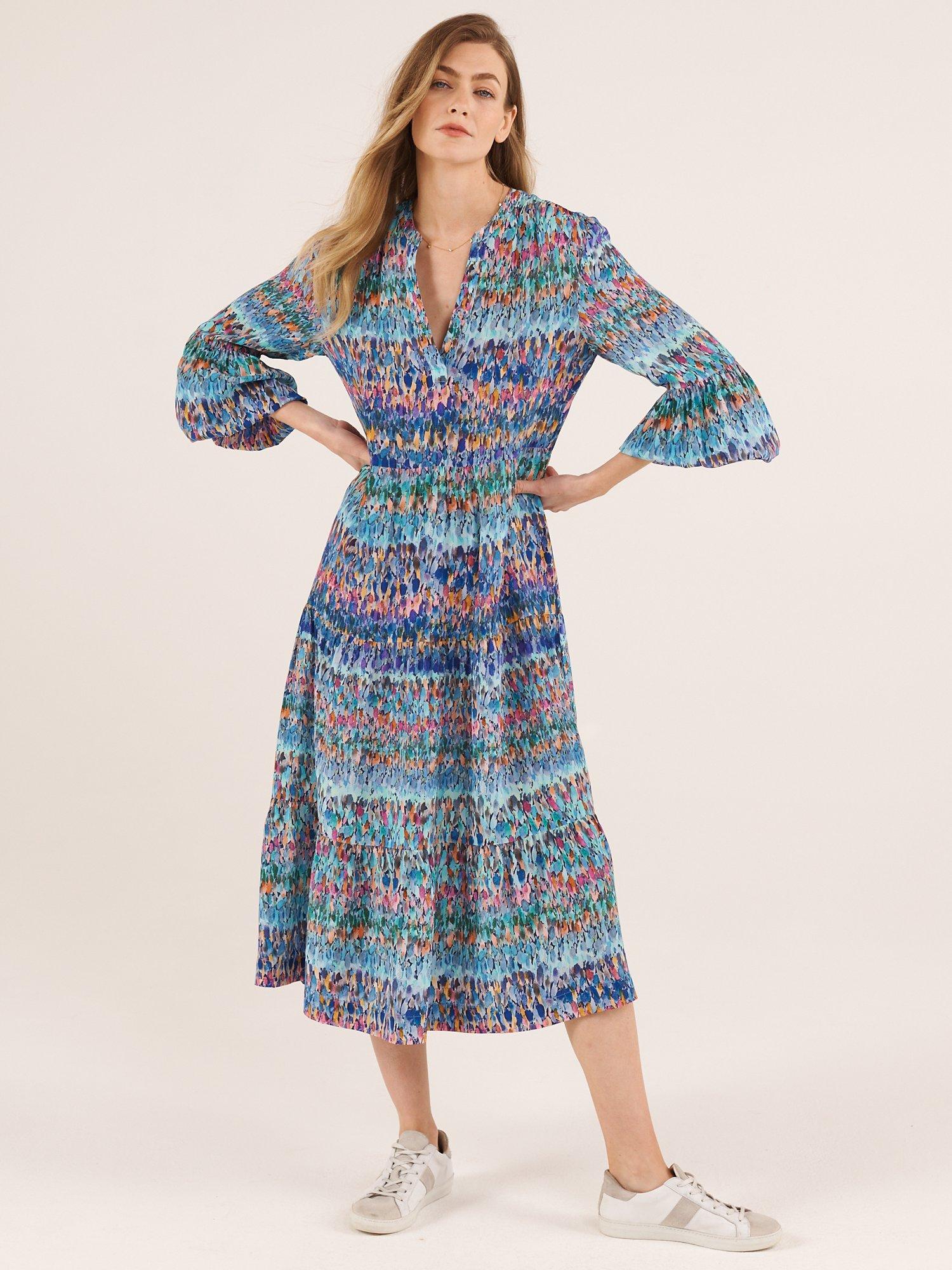 Product image 3 of 4, which shows NRBY Genevieve Dress, Blue Splash Print, XS