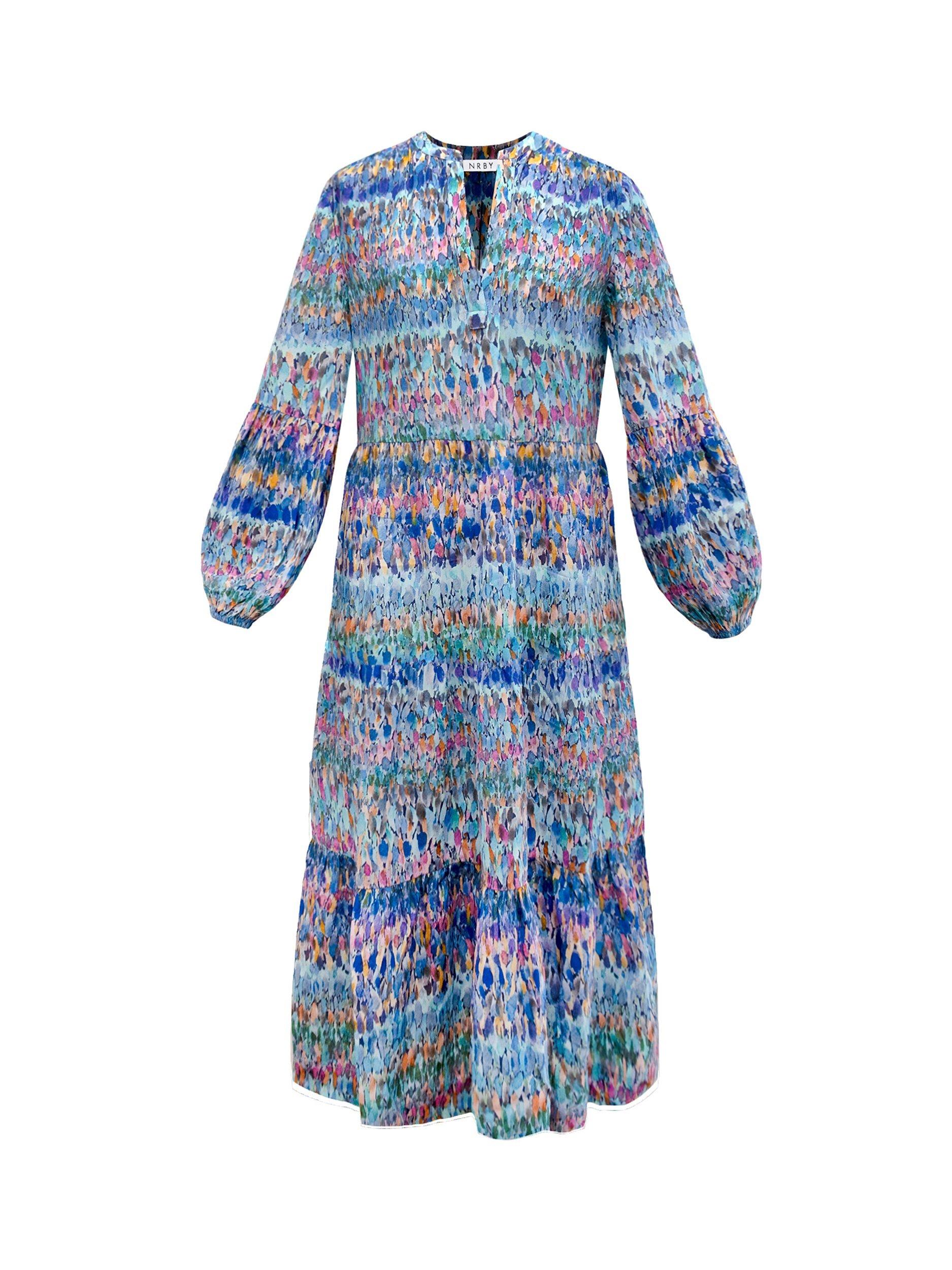 Product image 4 of 4, which shows NRBY Genevieve Dress, Blue Splash Print, XS