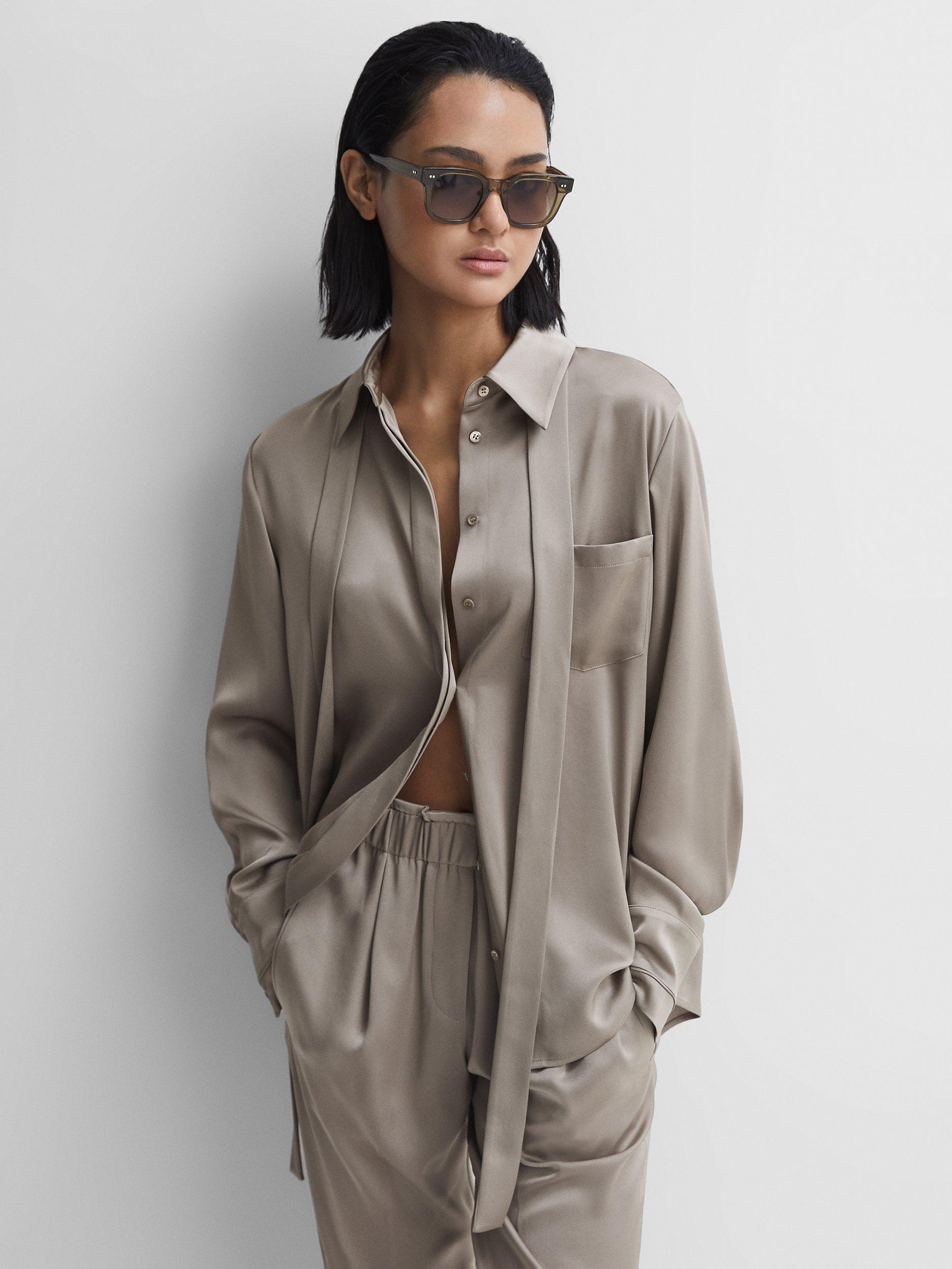 Reiss Elaina Satin Long Sleeve Neck Tie Blouse, Mink