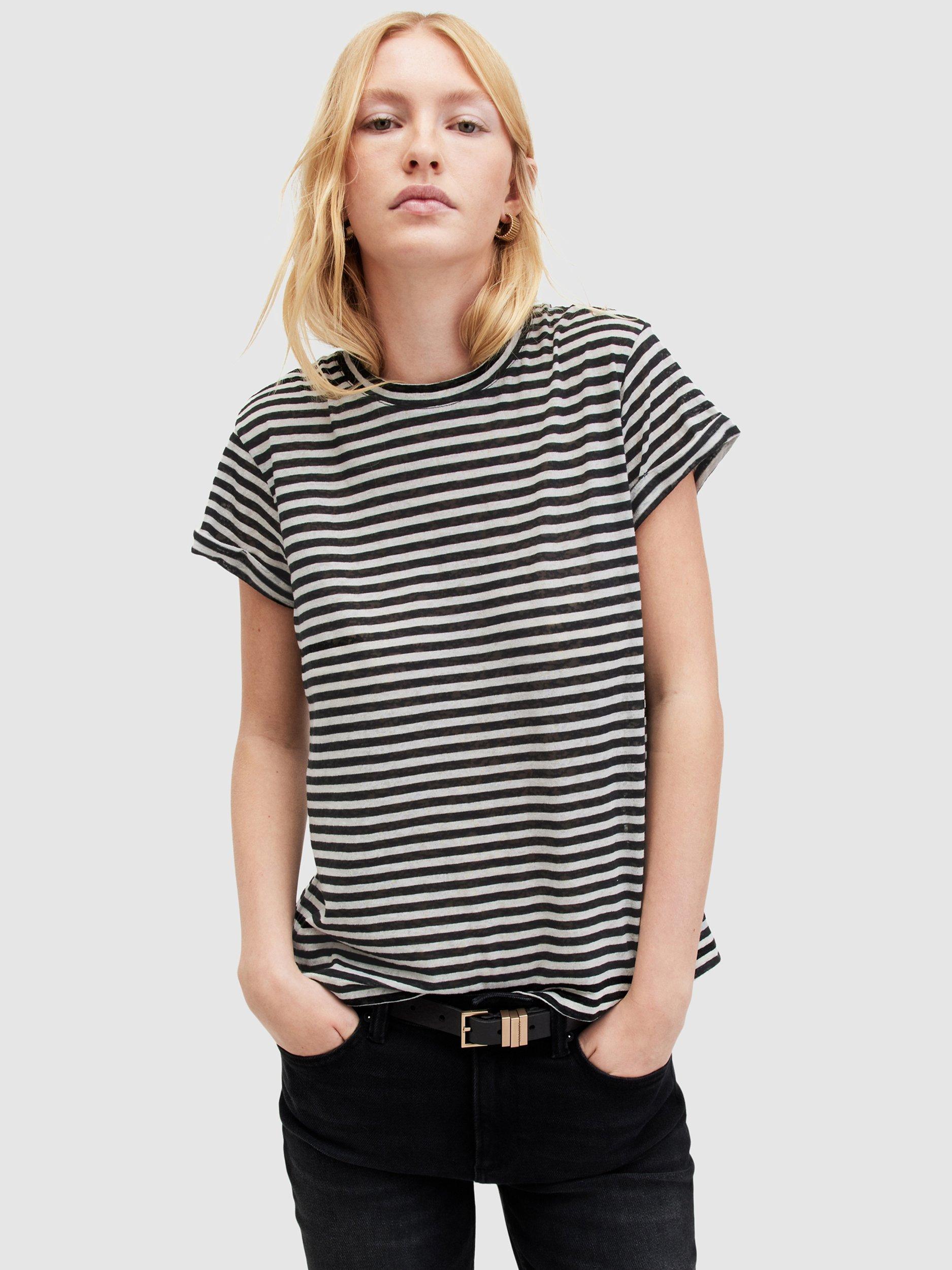 Product image 1 of 8, which shows AllSaints Anna Stripe T-Shirt, Chalk/Ink, 16