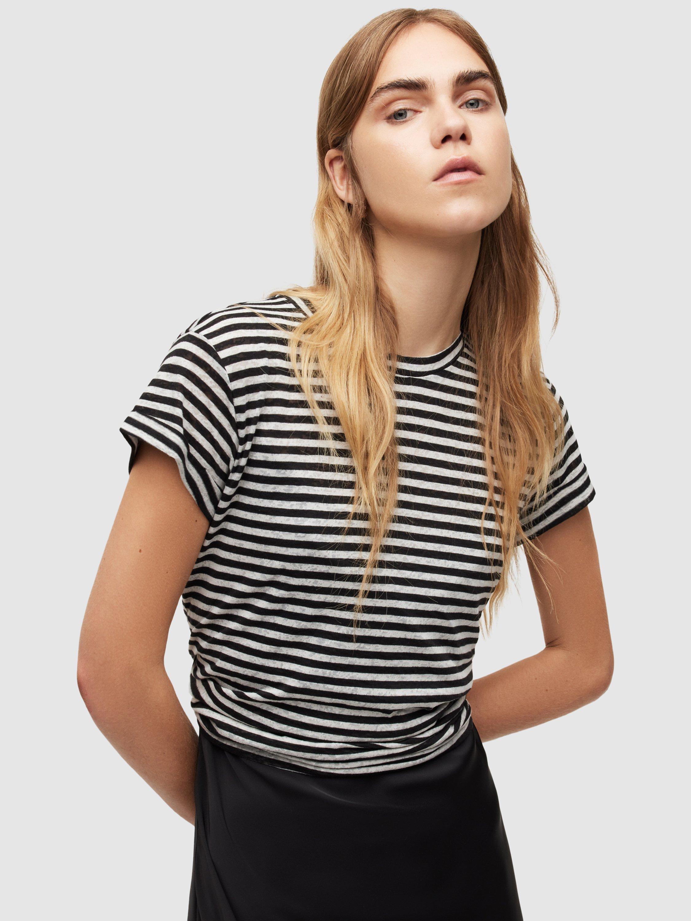 Product image 6 of 8, which shows AllSaints Anna Stripe T-Shirt, Chalk/Ink, 16