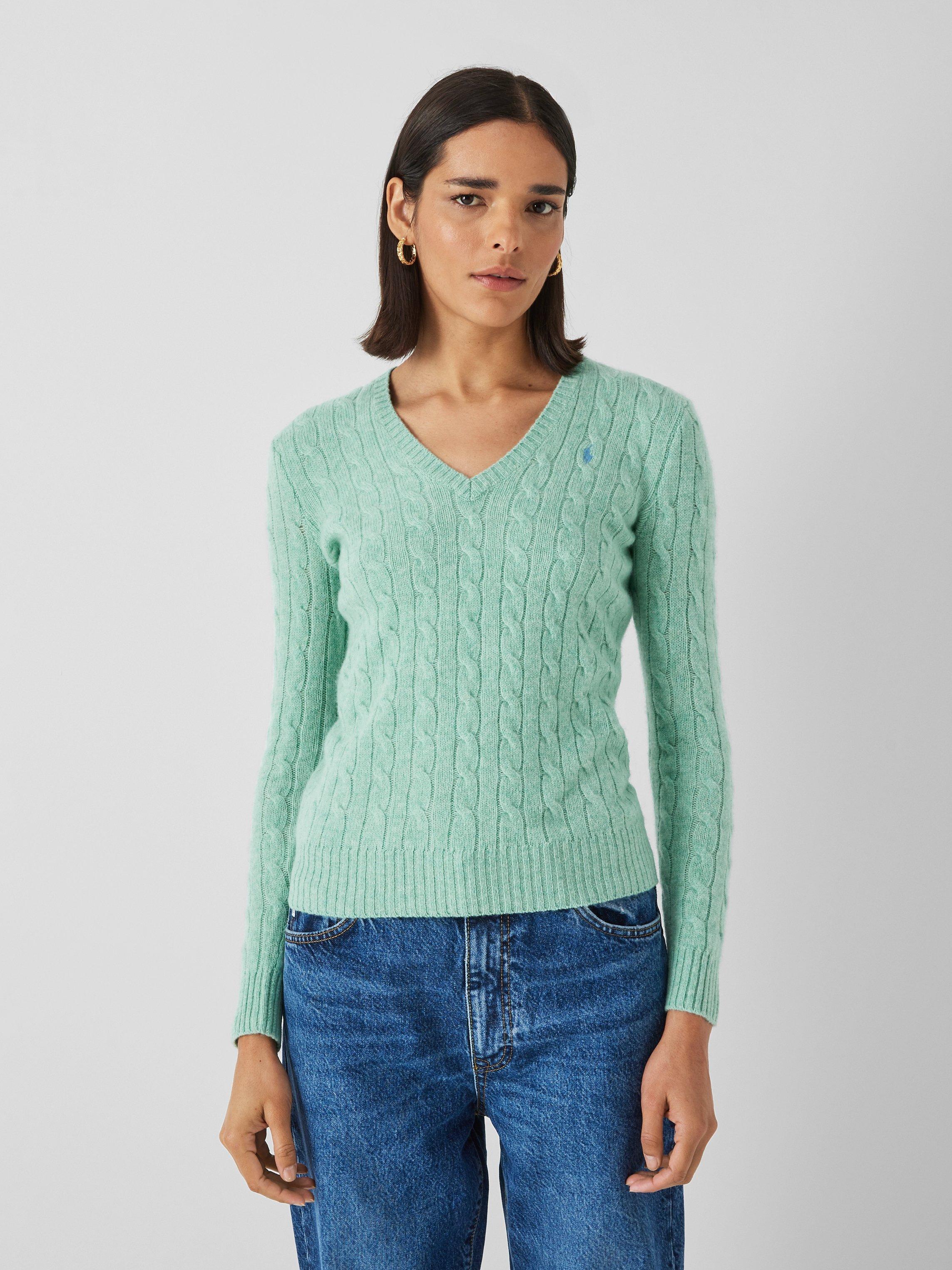 Lauren Ralph Lauren Kimberly Wool V-Neck Cable Knit Jumper, April Green Melange