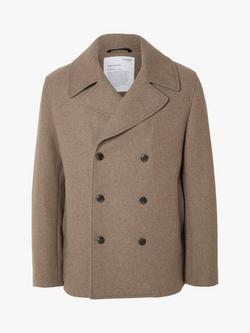 Selected Wool Blend Pea Coat, Fossil
