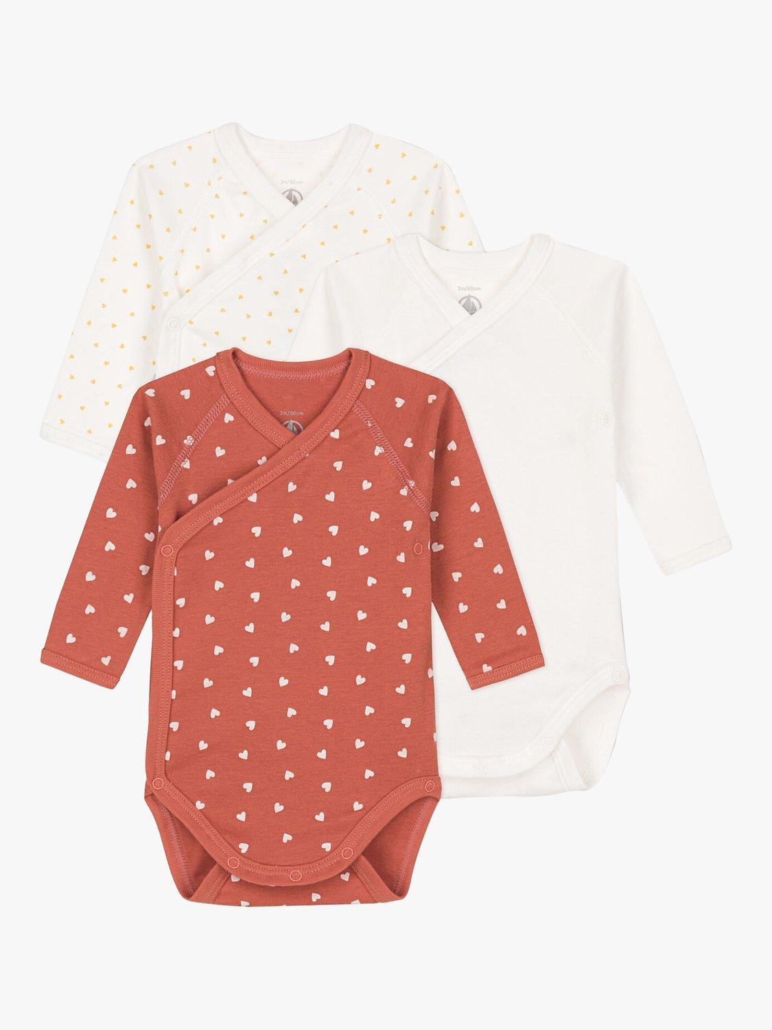 Petit Bateau Baby Heart Print Long Sleeve Wrapover Bodysuit, Pack of 3, Multi