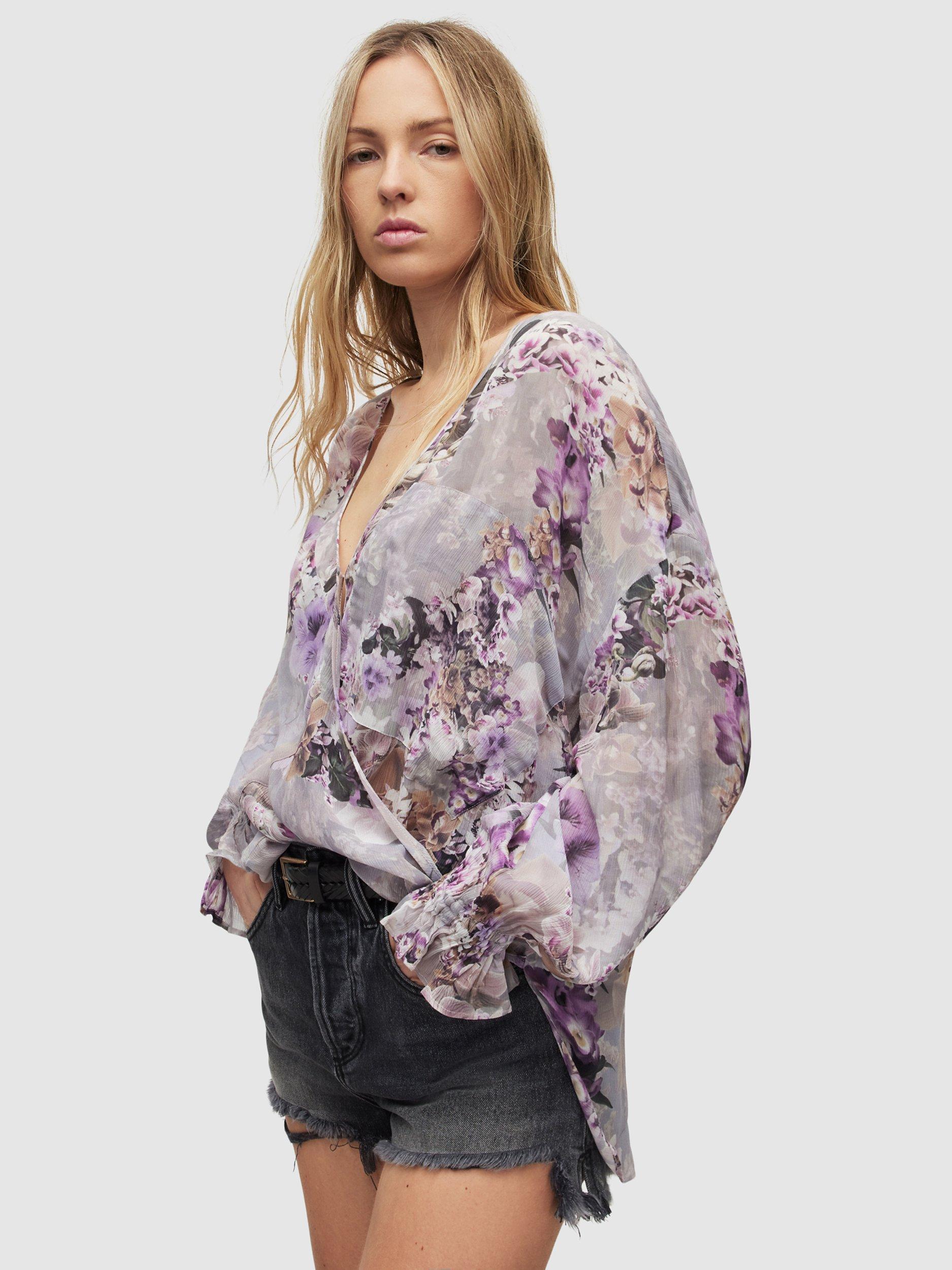 AllSaints Penny Lucia Floral Top, Storm Grey