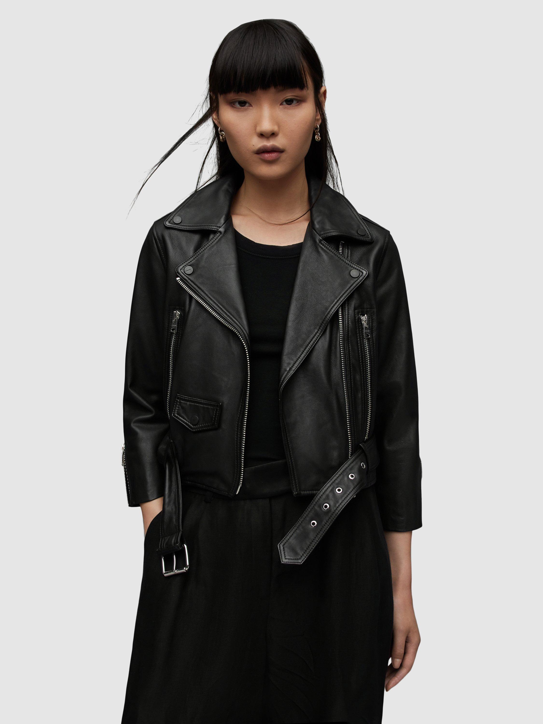 AllSaints Brookes Cropped Leather Biker Jacket, Black