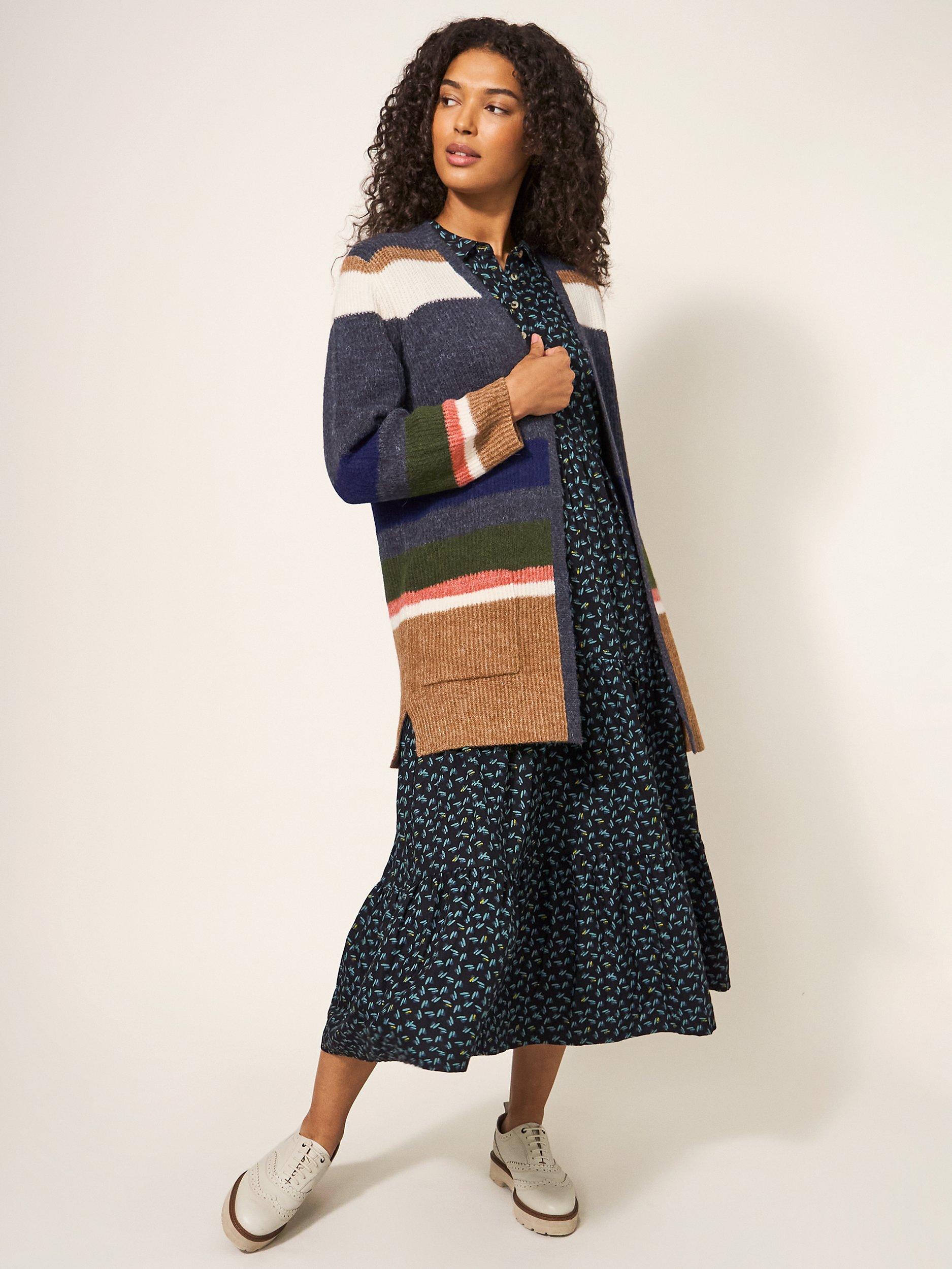 White Stuff Erica Wool Blend Longline Stripe Cardigan, Blue/Multi