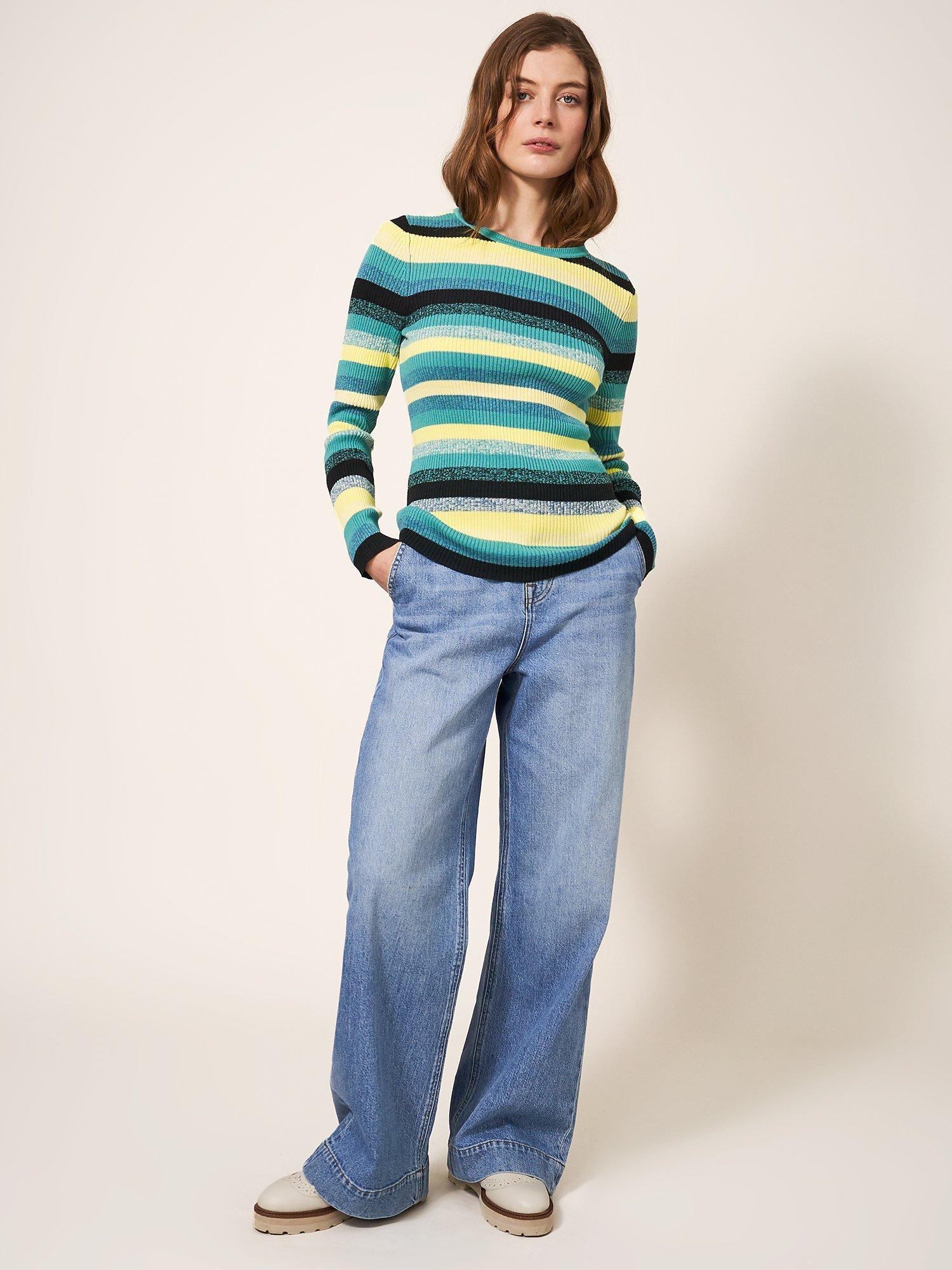 White Stuff Skinny Ribbed Stripe Jumper, Teal Mlt