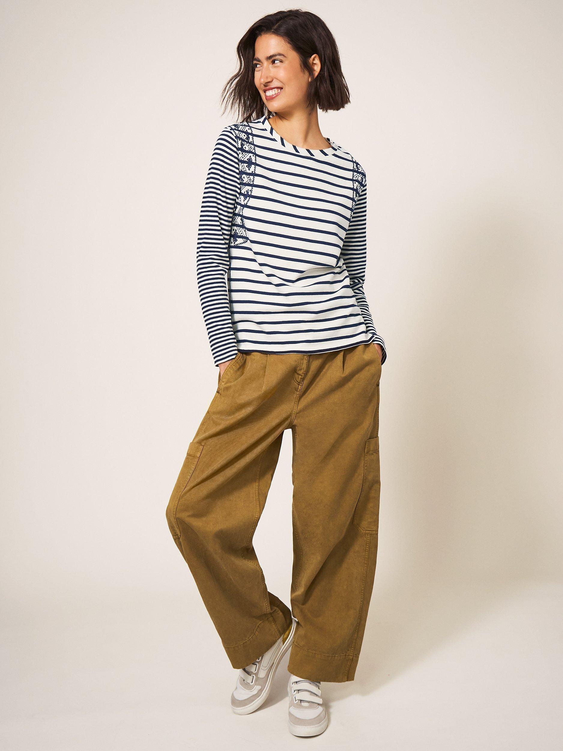 White Stuff Stripe Embroidered Interlock Cotton Top, White/Blue