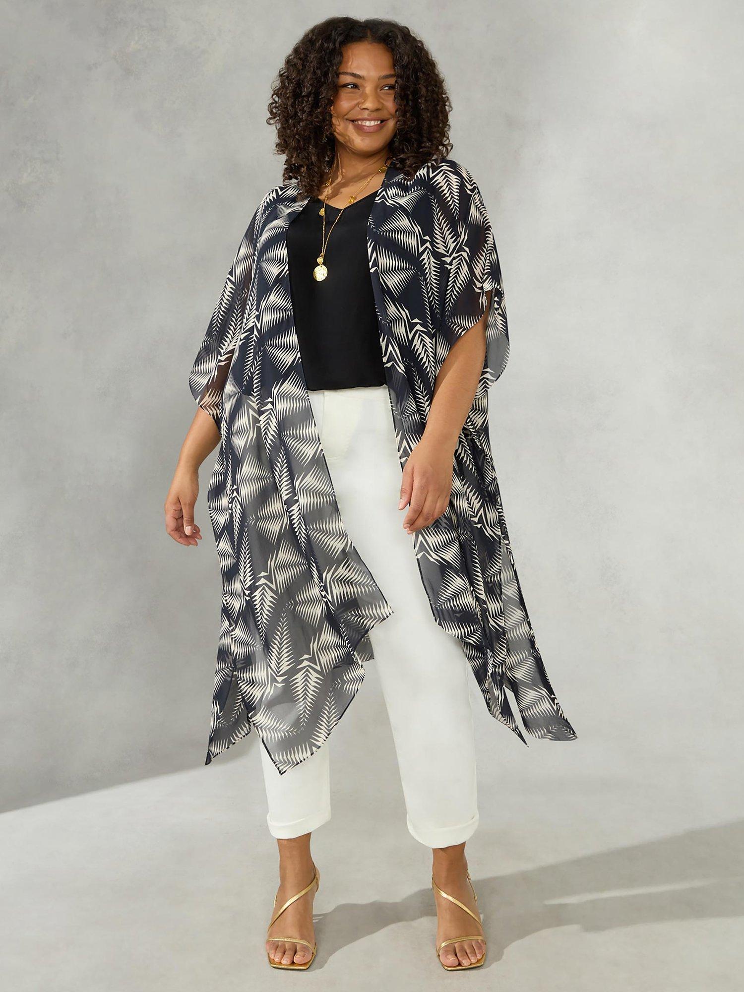 Live Unlimited Curve Stone Tribal Print Longline Kimono, Black/White