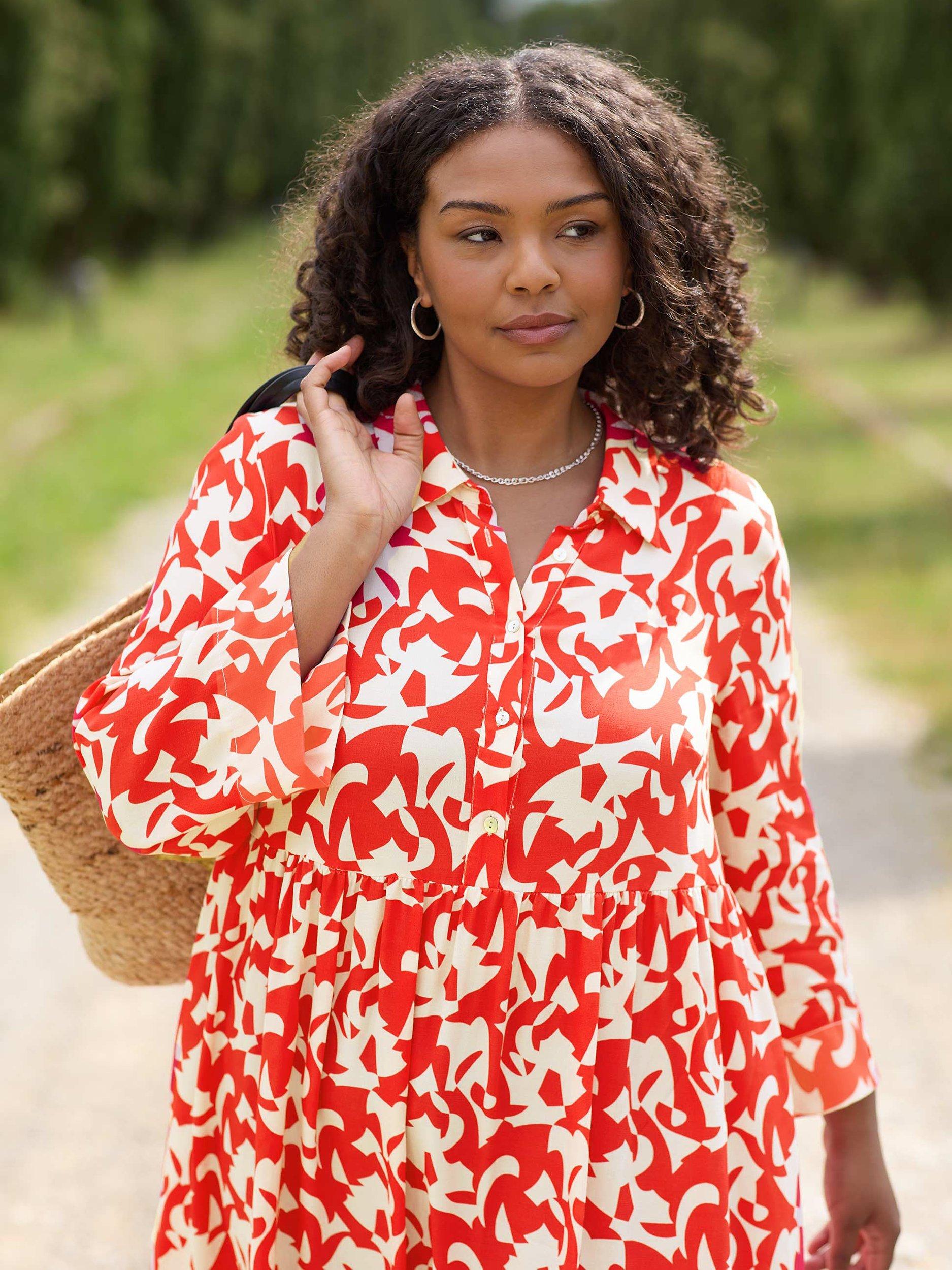 Live Unlimited Curve Tiered Midi Shirt Dress, Red