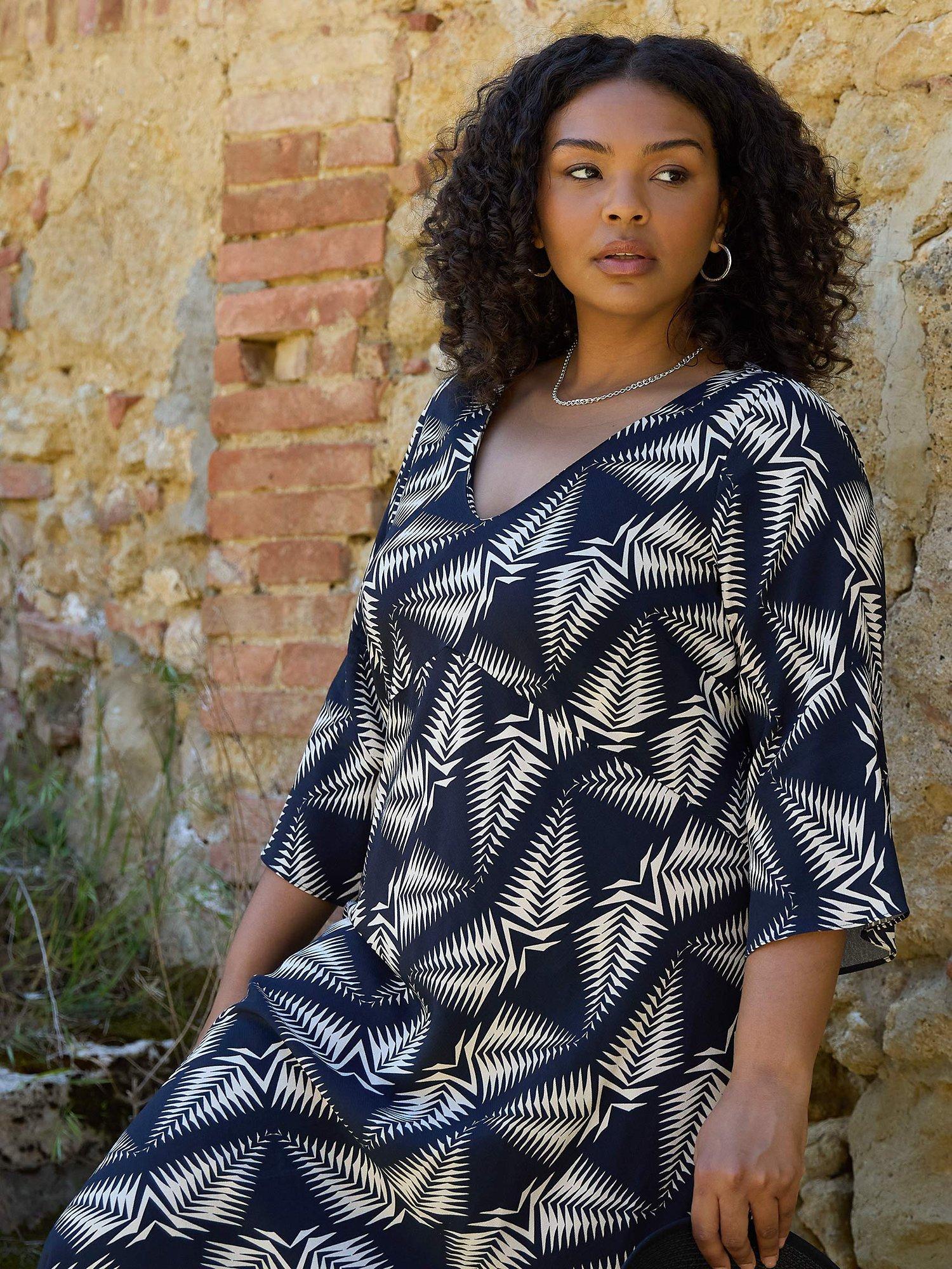Live Unlimited Curve Tribal V Neck Midaxi Dress, Black/White
