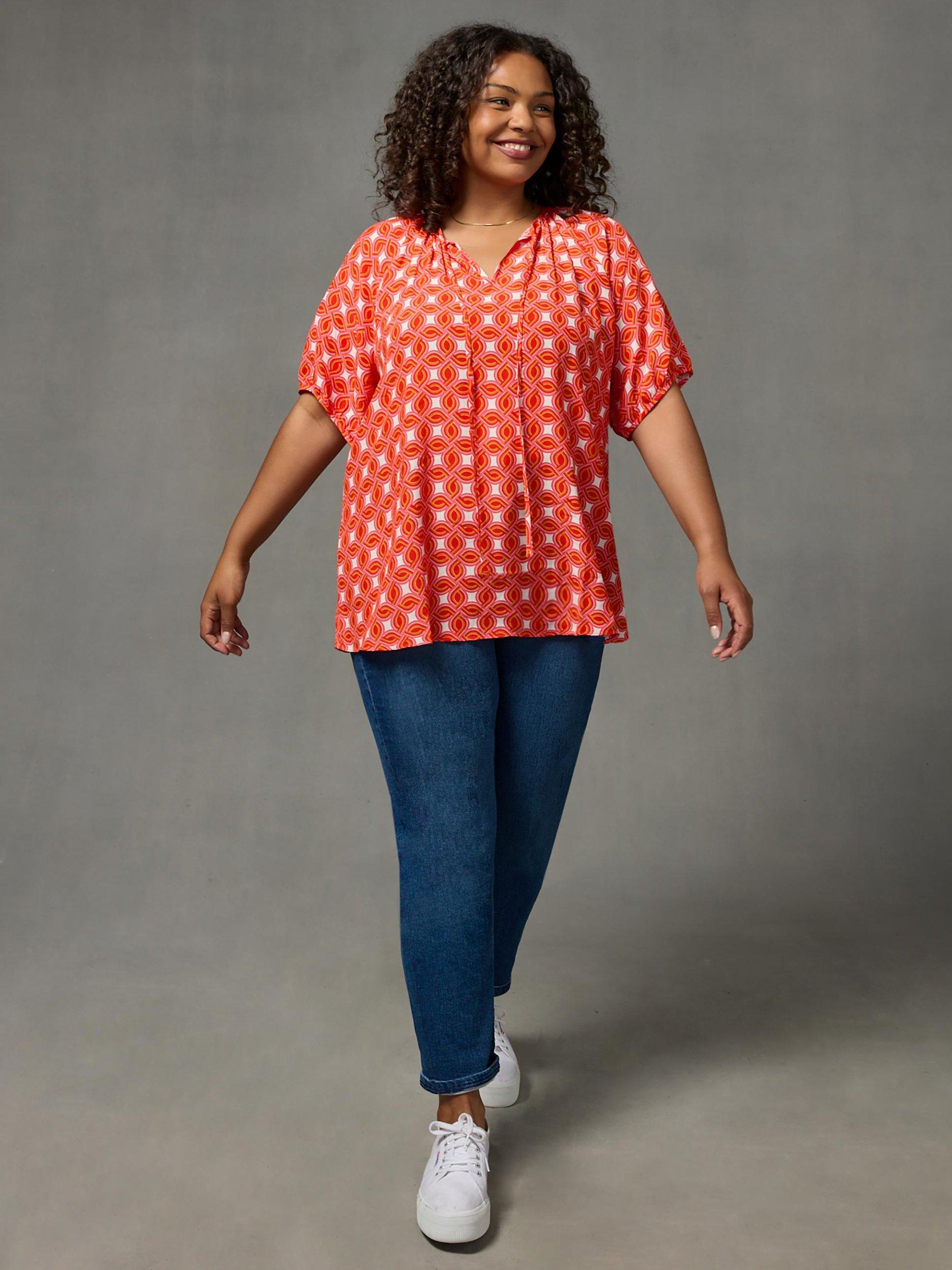 Live Unlimited Curve Geo Print Tie Front Blouse, Red