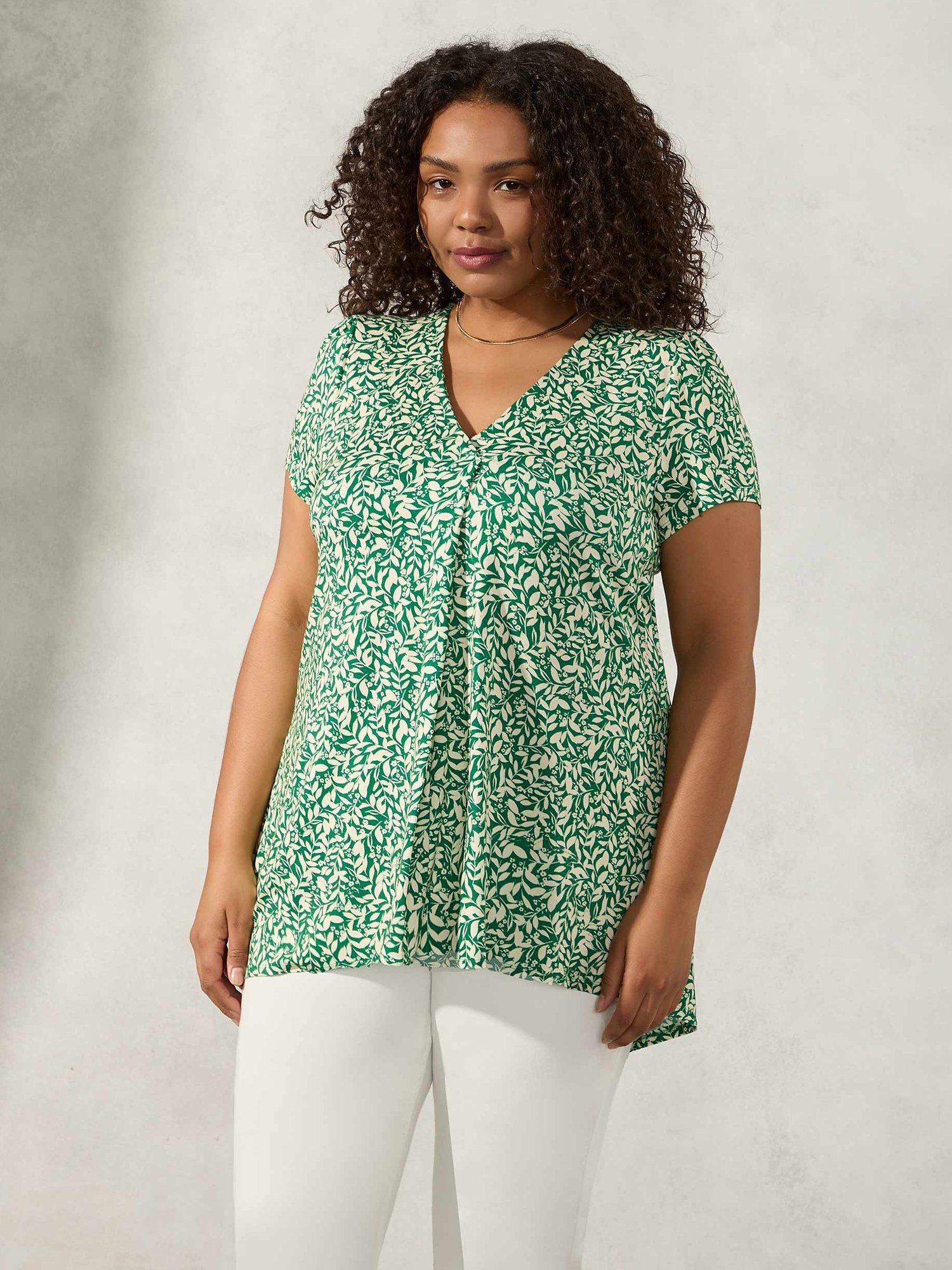 Live Unlimited Curve Leaf Print Pleat Front Top, Green