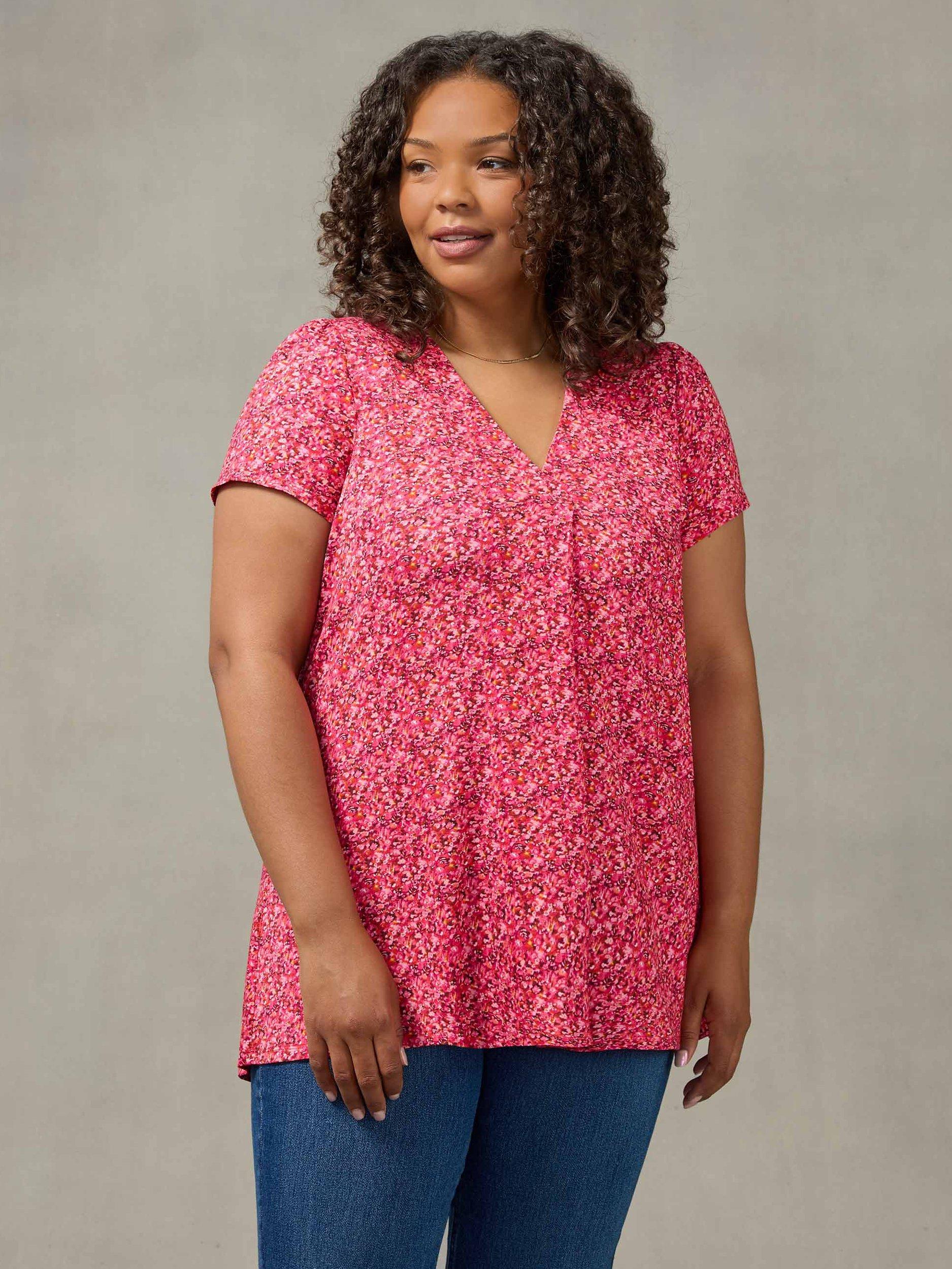 Live Unlimited Curve Ditsy Print Short Sleeve Pleat Front Jersey Top, Pink