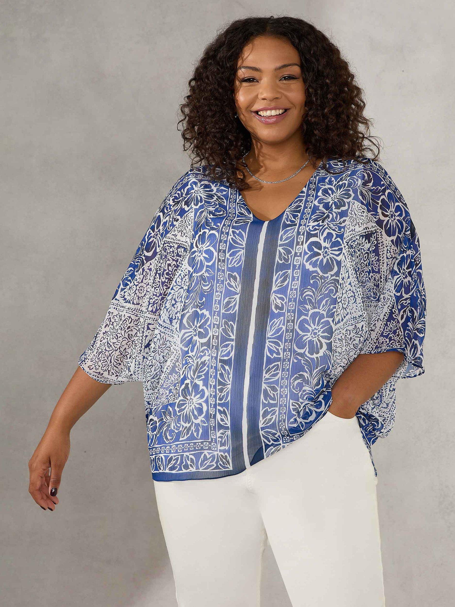 Live Unlimited Curve Tile Print Batwing Top, Blue