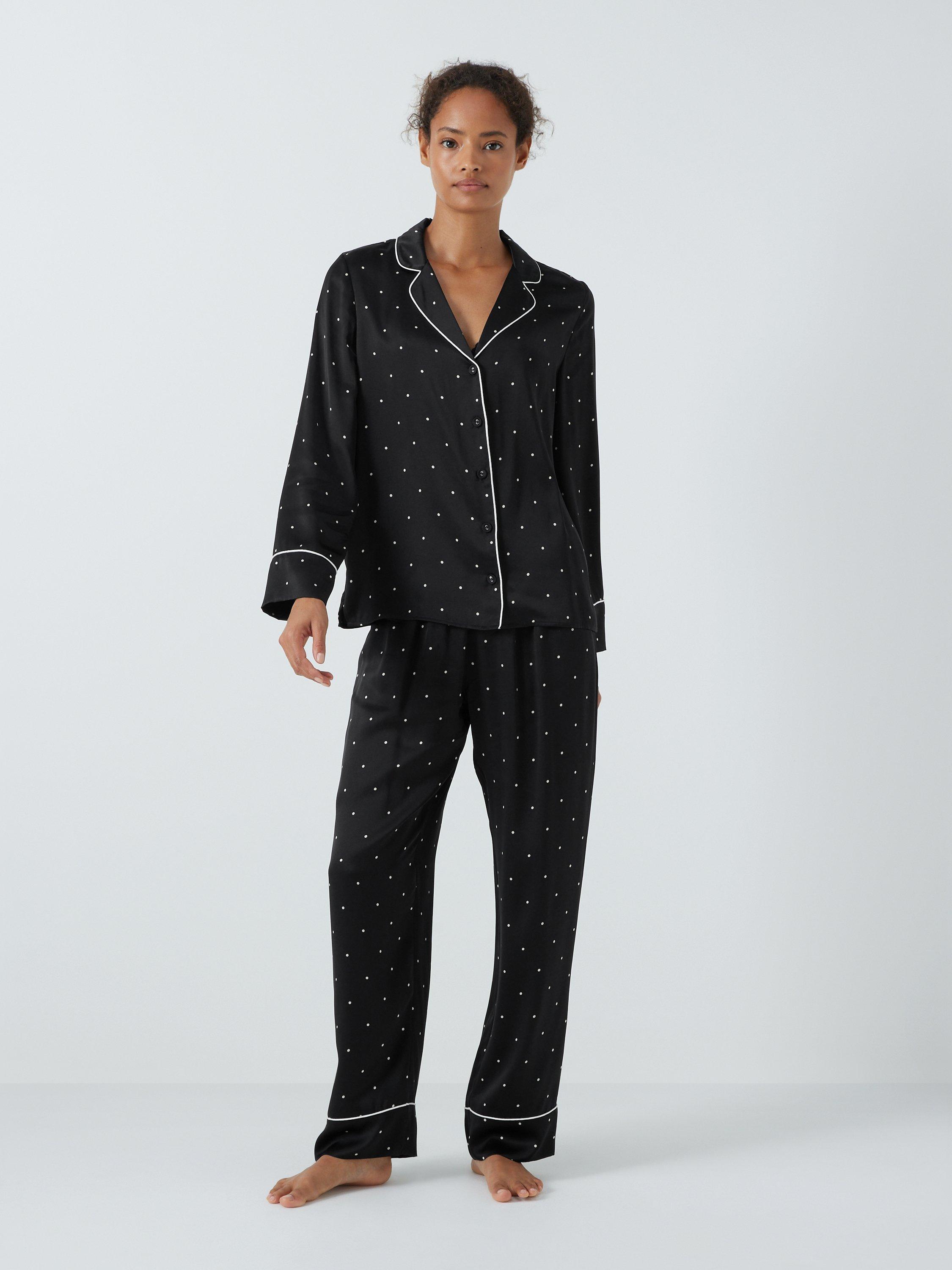 John Lewis Piped Silk Spot Print Pyjama Set, Black