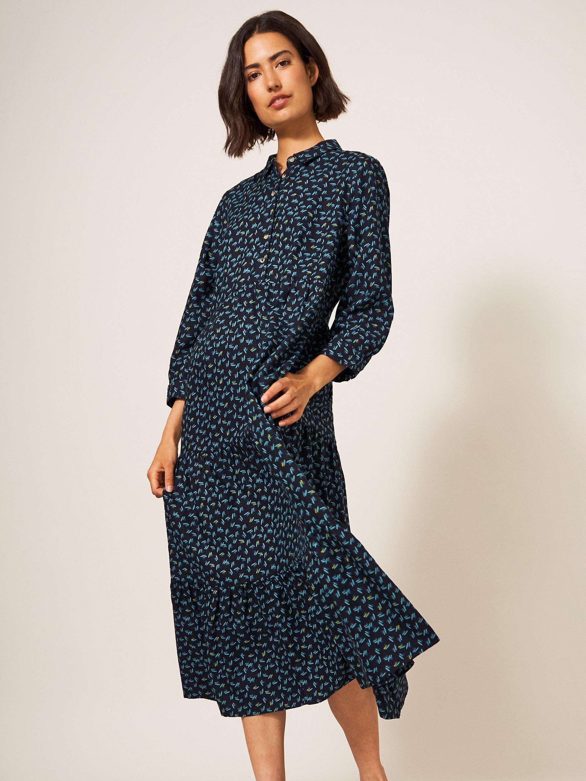 White Stuff Maya Abstract Print Midi Tiered Shirt Dress, Black/Multi
