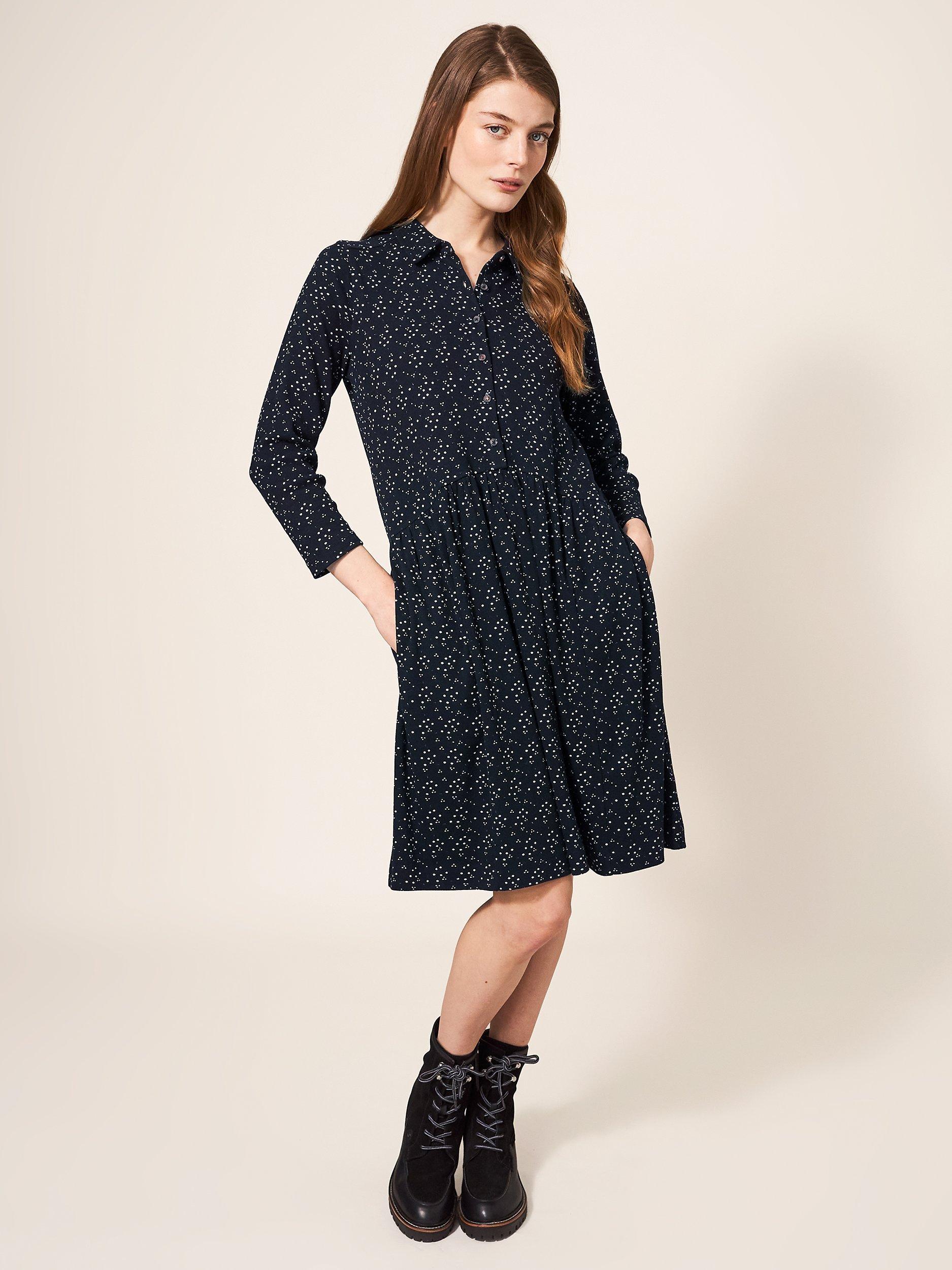 White Stuff Everly Rib Jersey Shirt Dress, Black/Multi