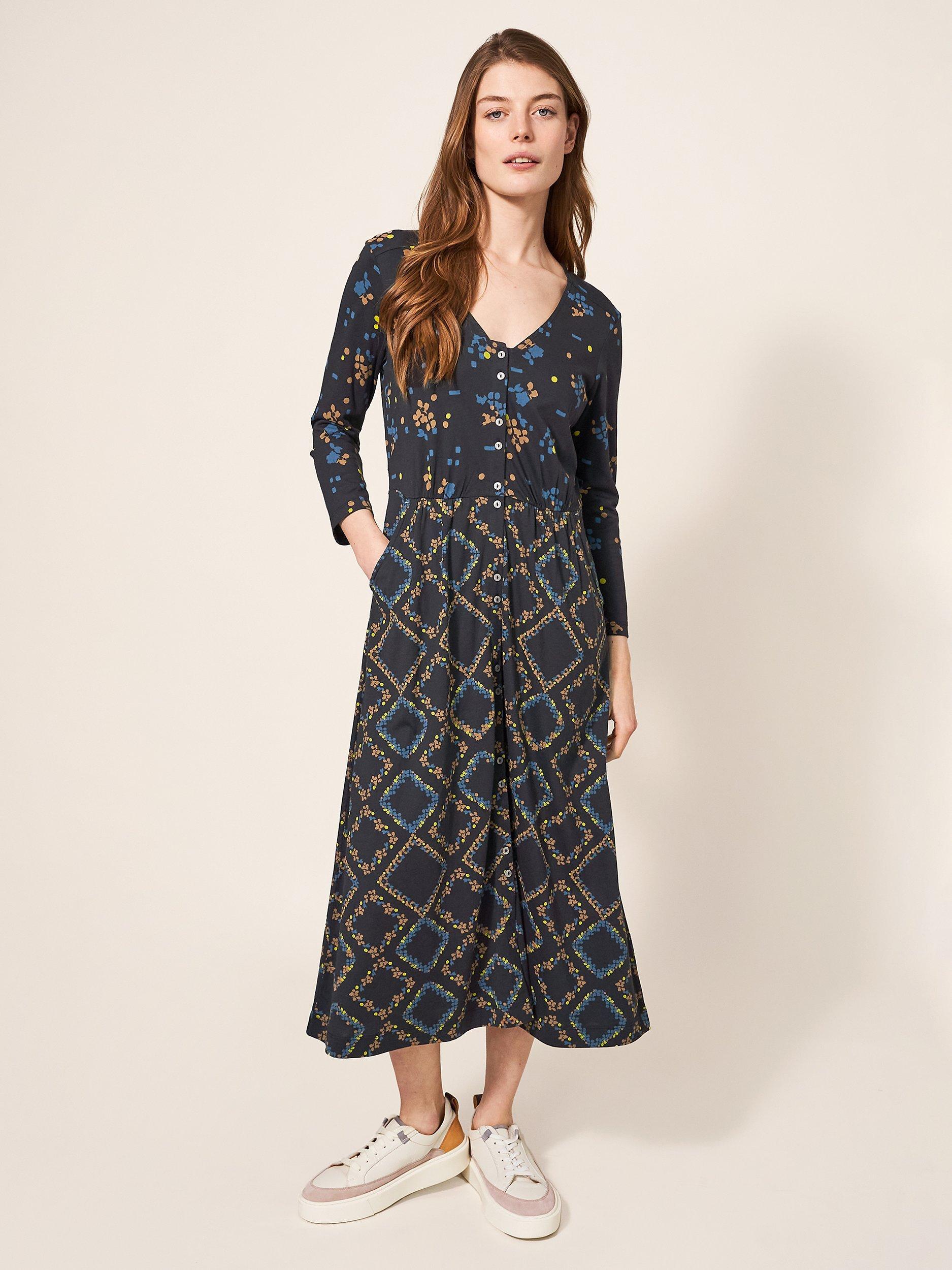 White Stuff Mia Jersey Organic Cotton Blend Dress, Black/Multi