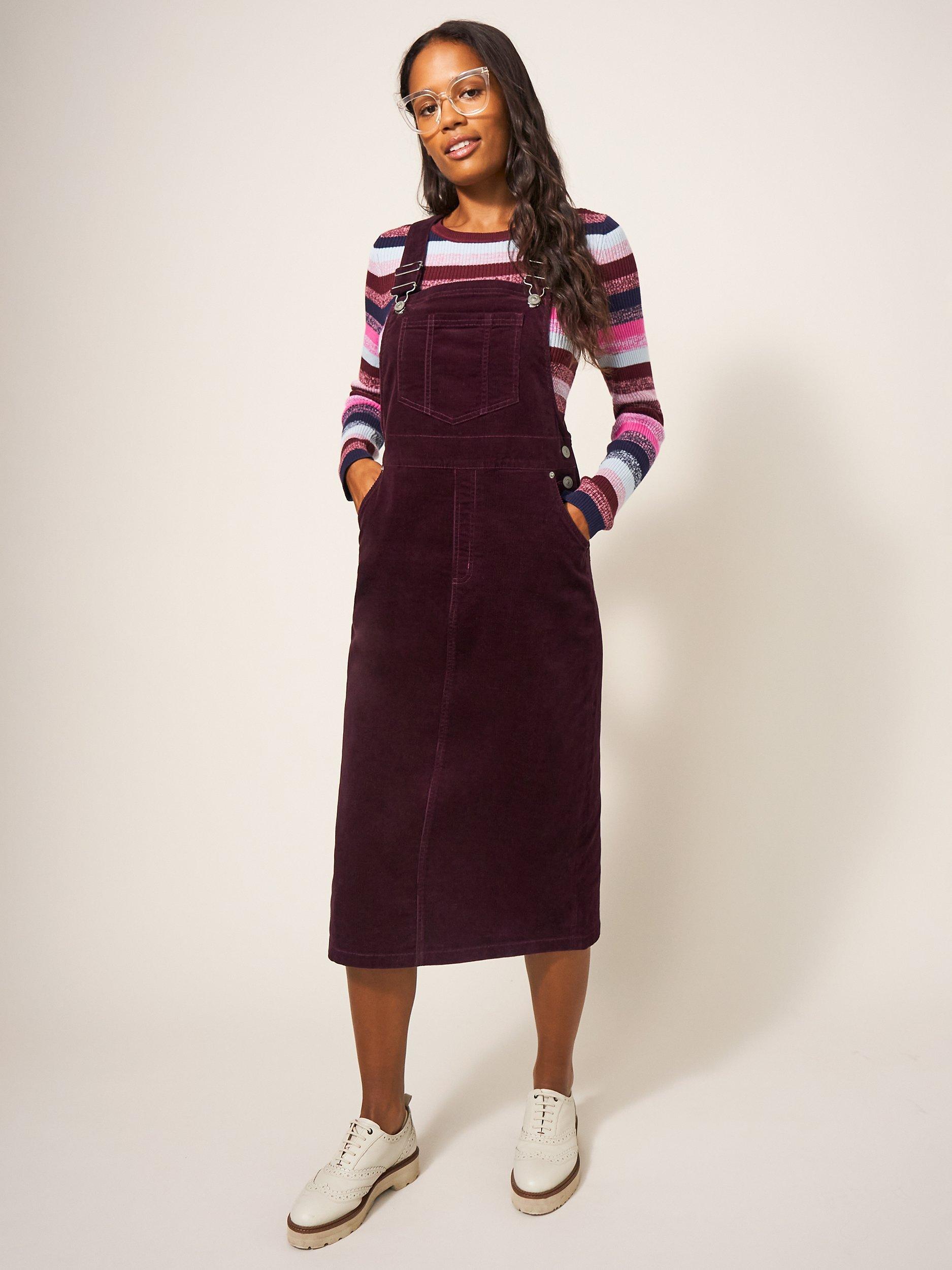 White Stuff Emmie Organic Cord Midi Pinny Dress, Plum