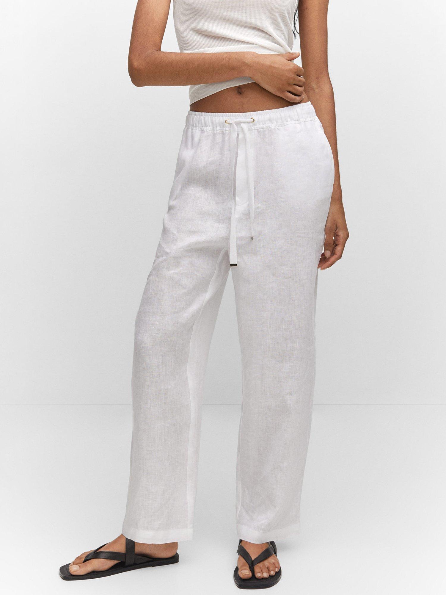 Mango Wide Leg Linen Trousers, White