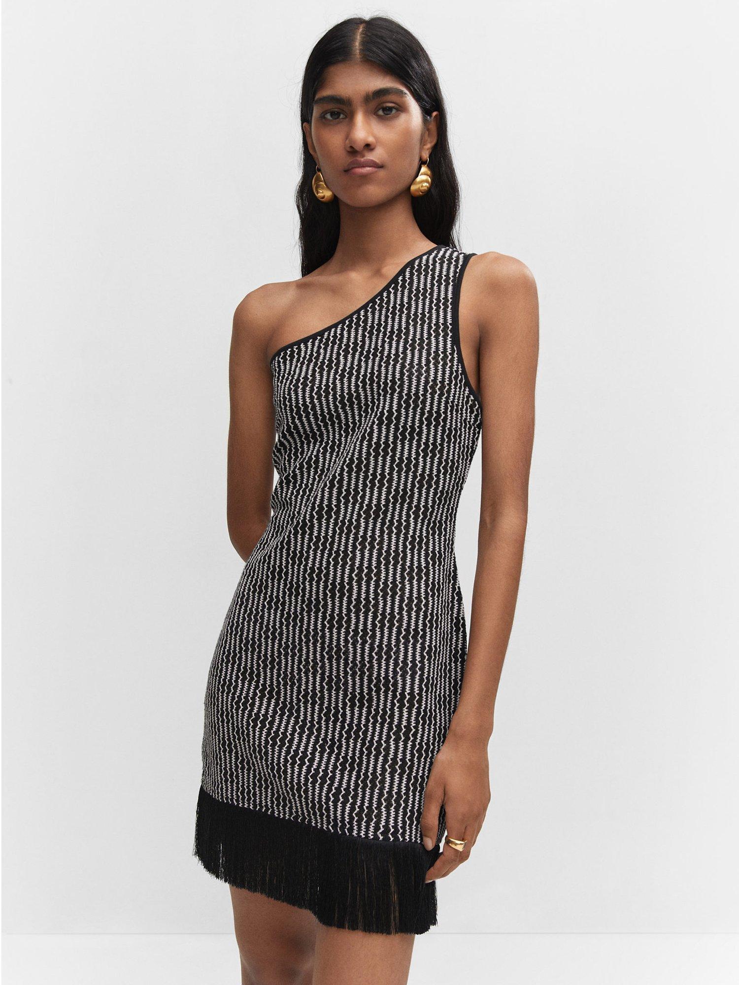 Mango Rusti Fringed Mini Dress, Black/White