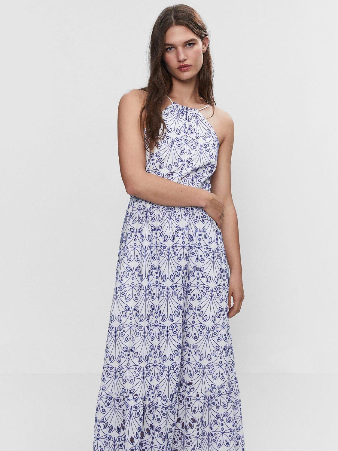 Mango Roslinda Embroidered Halter Neck Maxi Dress, Blue/White