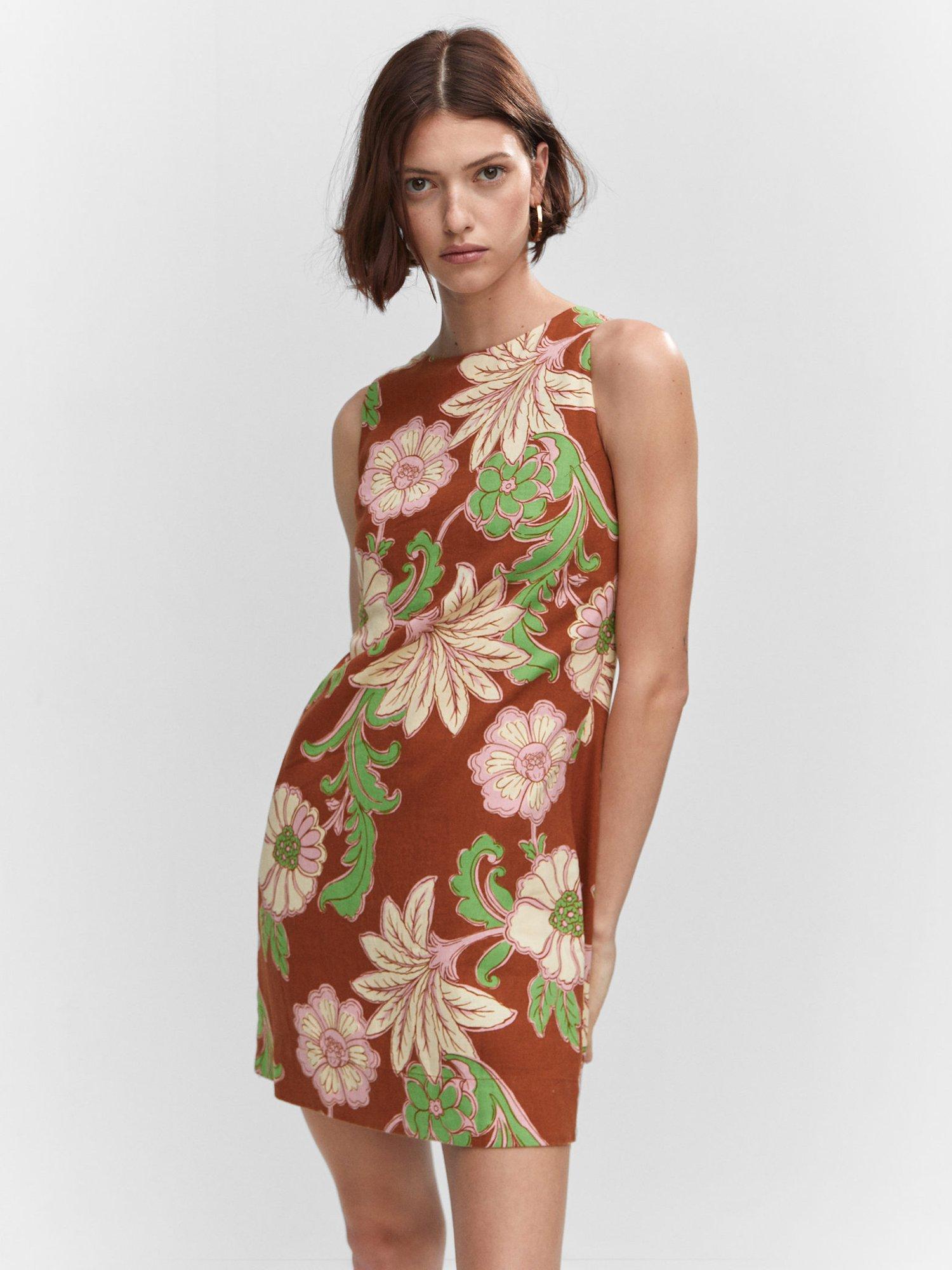 Mango Noemi Linen Mini Dress, Brown/Multi