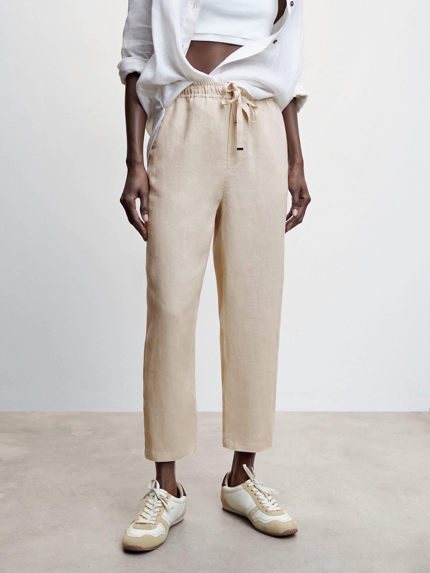Mango Cropped Linen Trousers, Pastel Grey