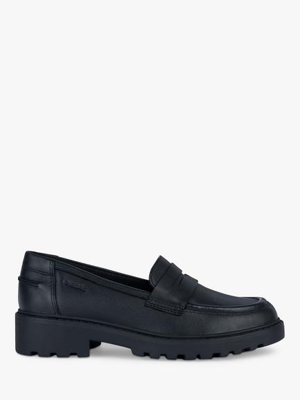 Geox Kids' Casey Slip On Leather Loafer School Shoes, Black, Black
