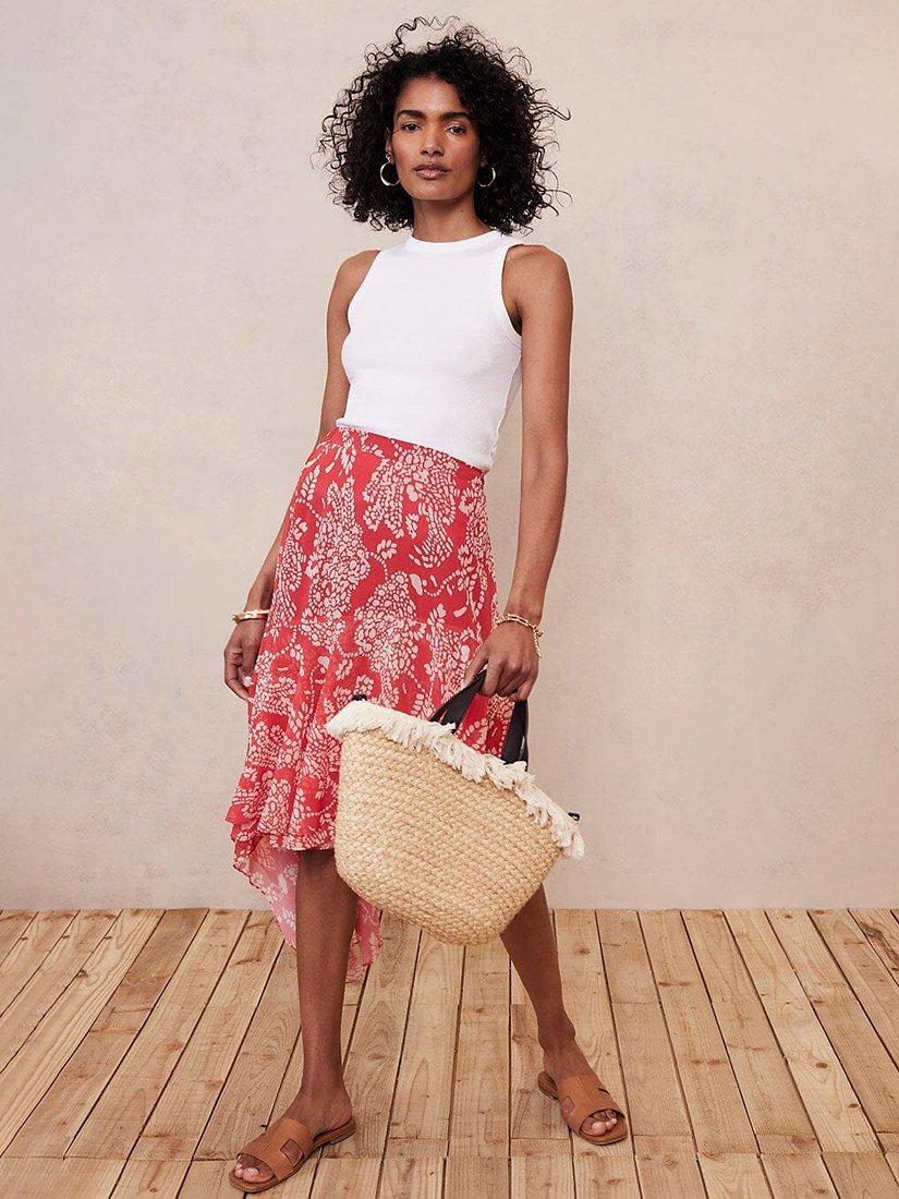 Mint Velvet Gracie Print Tiered Midi Skirt, Red/White