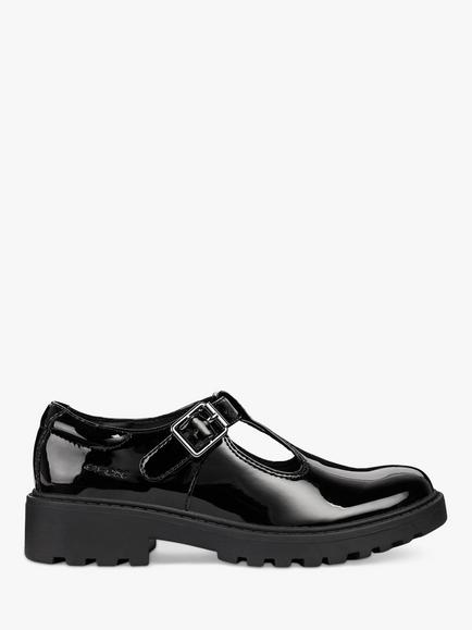 Geox Kids' Casey Patent T-Bar School Shoes, Black, Black