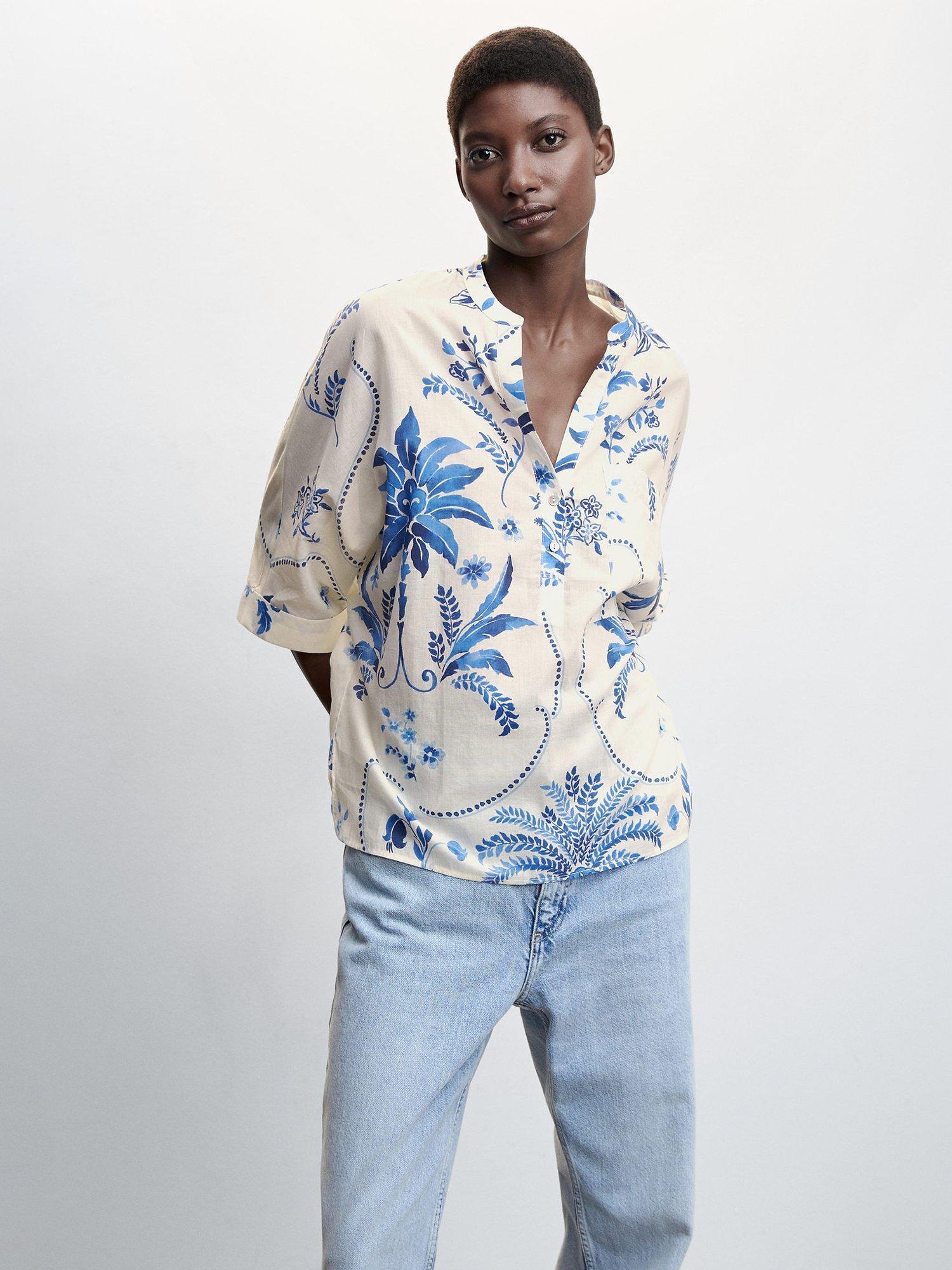Mango Floral Print Cotton Blouse, Multi
