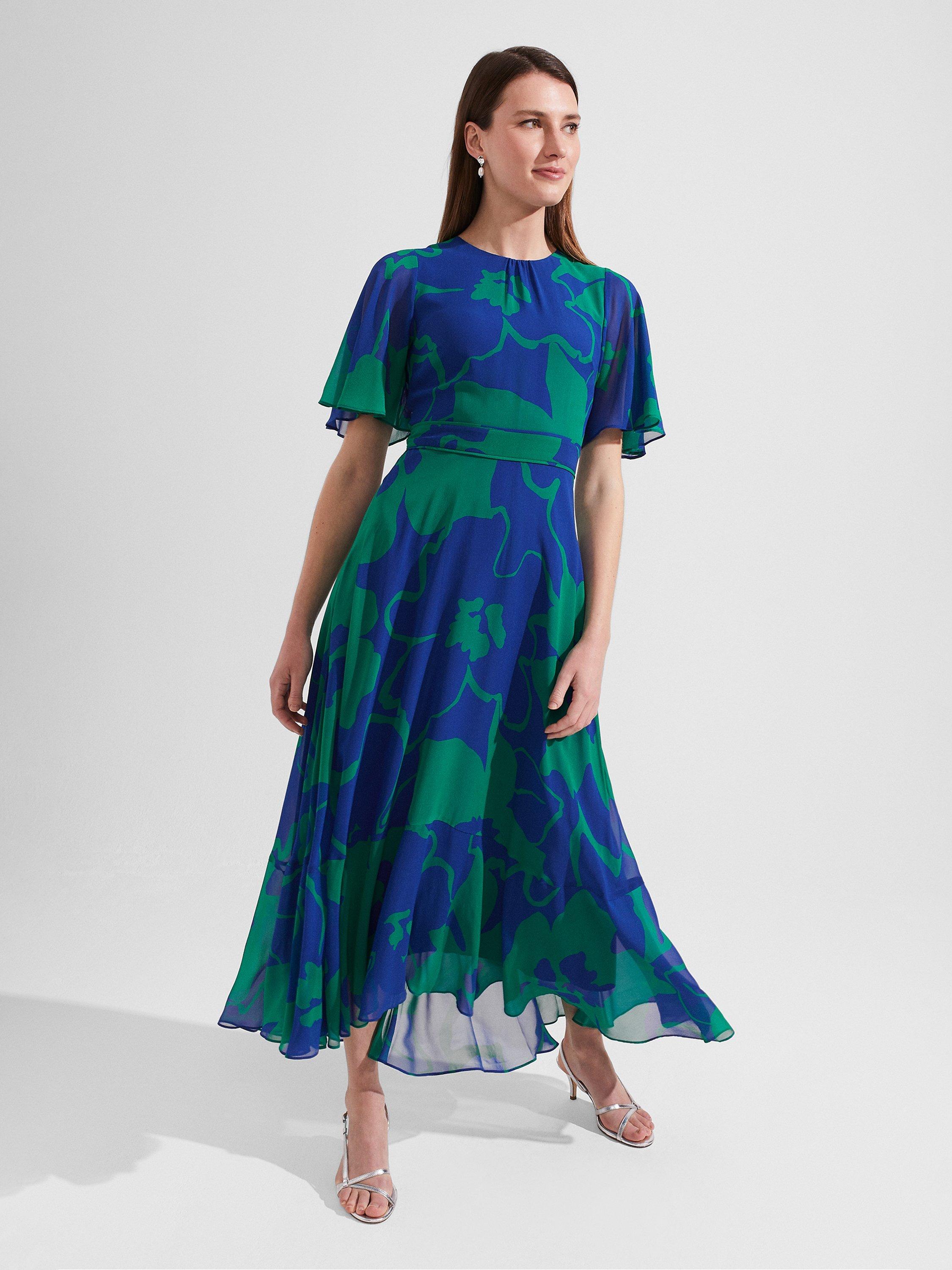 Hobbs Freya Abstract Print Silk Maxi Dress, Blue/Green