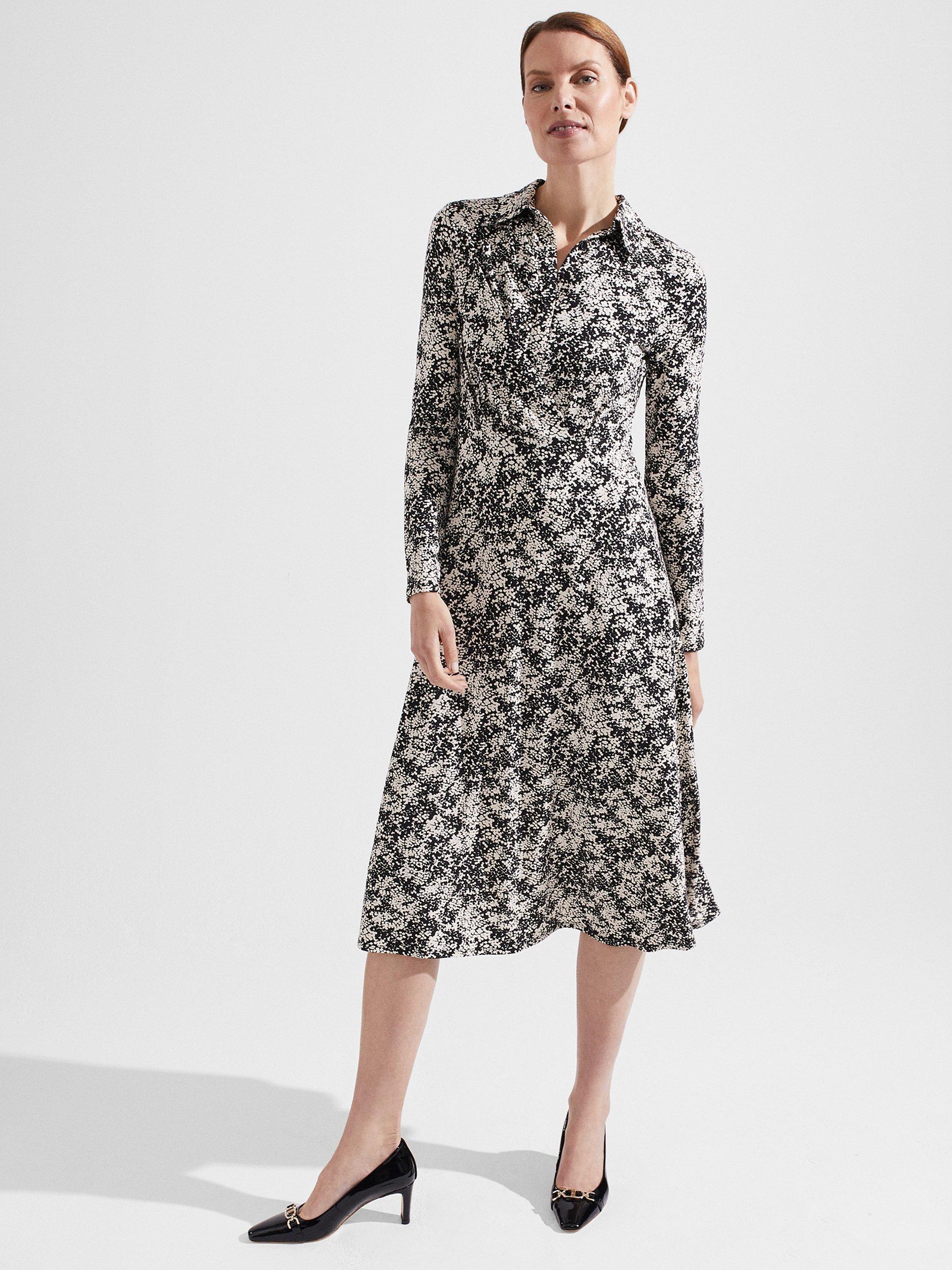 Hobbs Sacha Abstract Print Midi Shirt Dress, Black/Cream