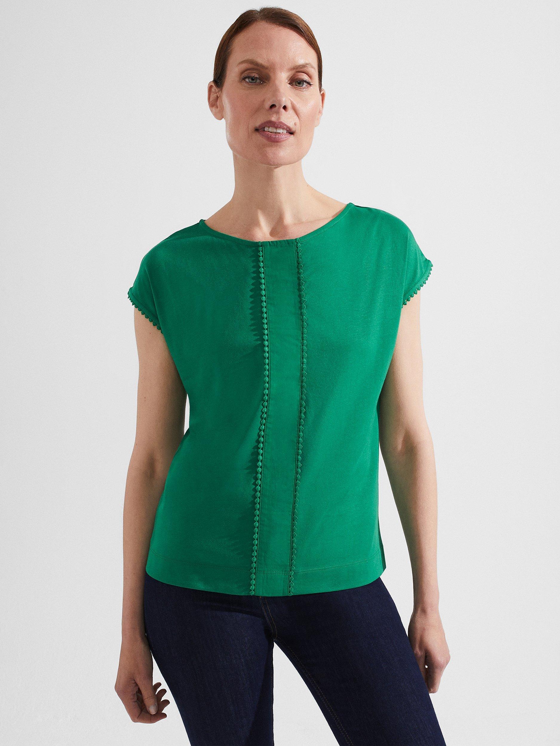 Hobbs Katelina Embroidered Trim Blouse, Laurel Green