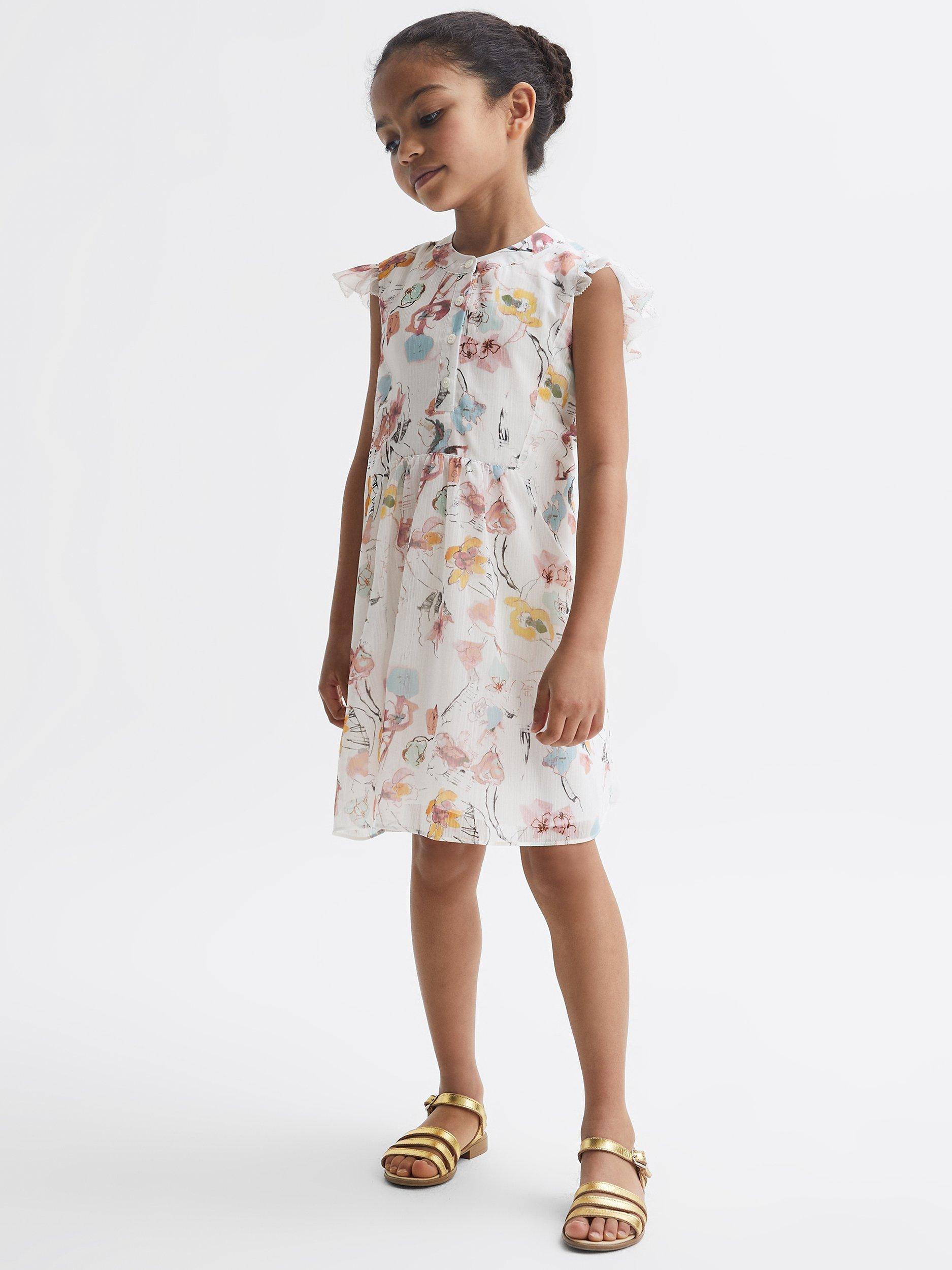 Reiss Kids' Martha Floral Print Floaty Dress, Ivory/Multi