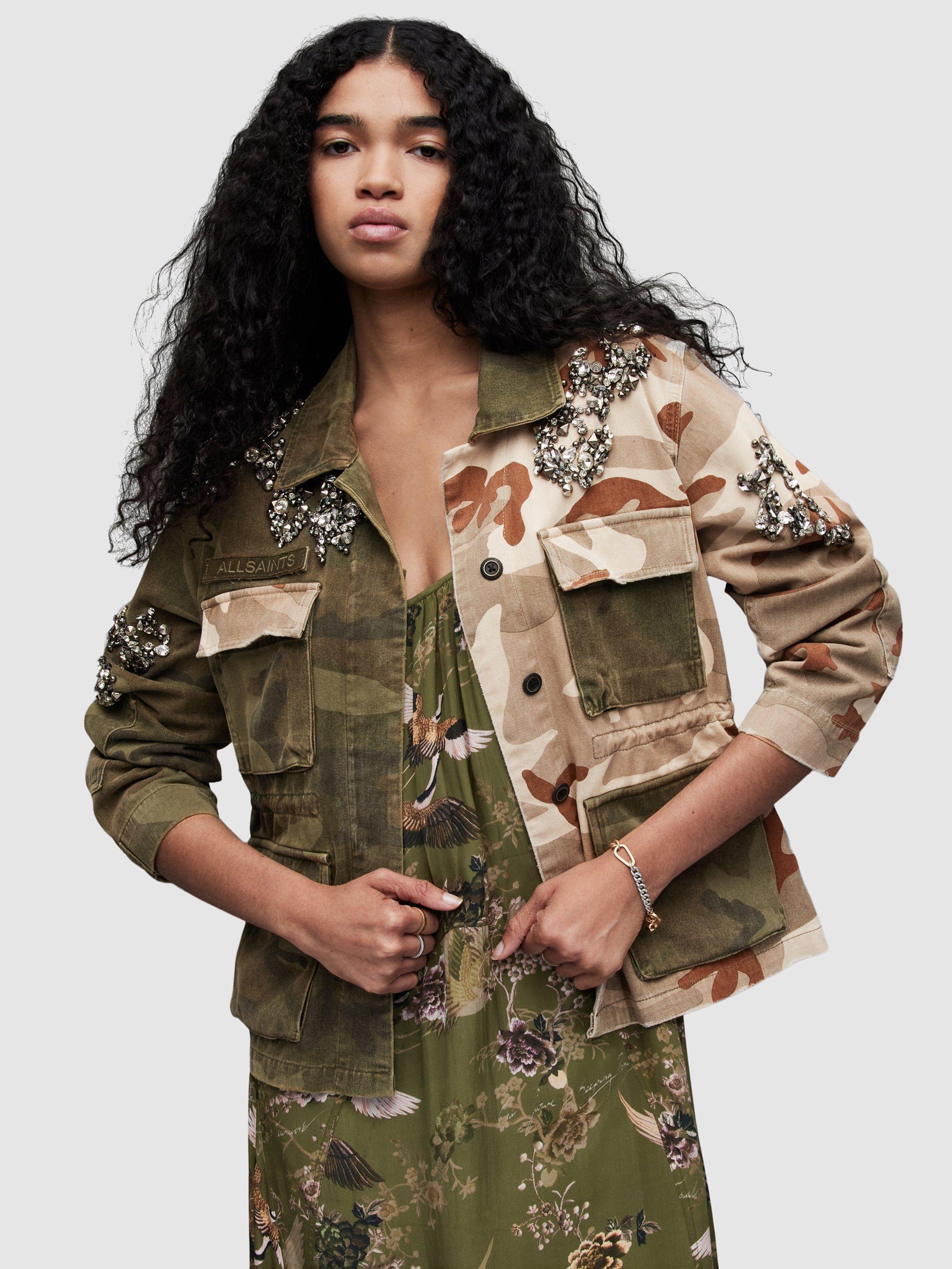 AllSaints Finch Embellished Denim Jacket, Camo/Multi