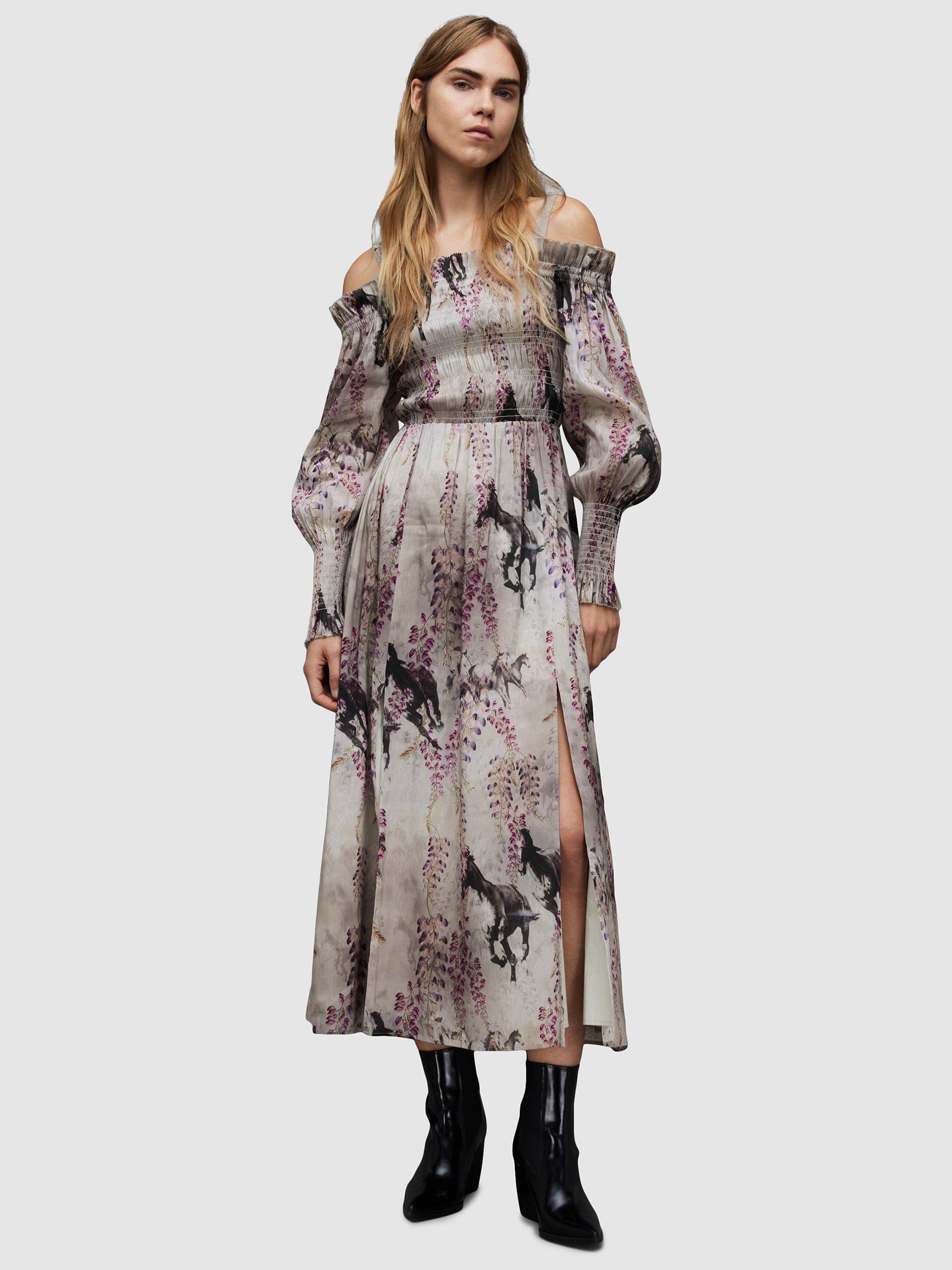 AllSaints Lary Dionne Linen And Silk Blend Maxi Dress, Sky Grey