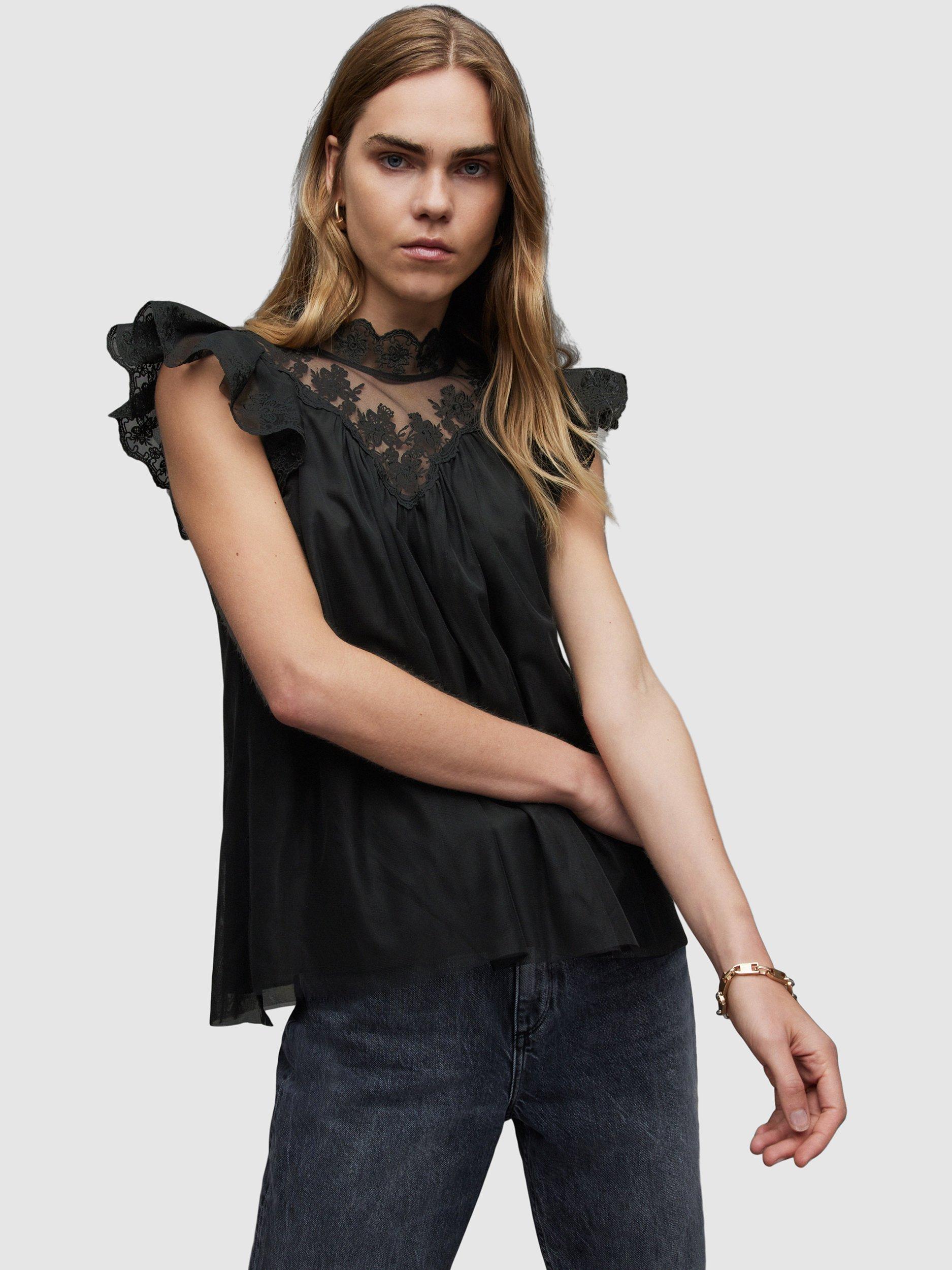AllSaints Azura High Neck Lace Top, Black