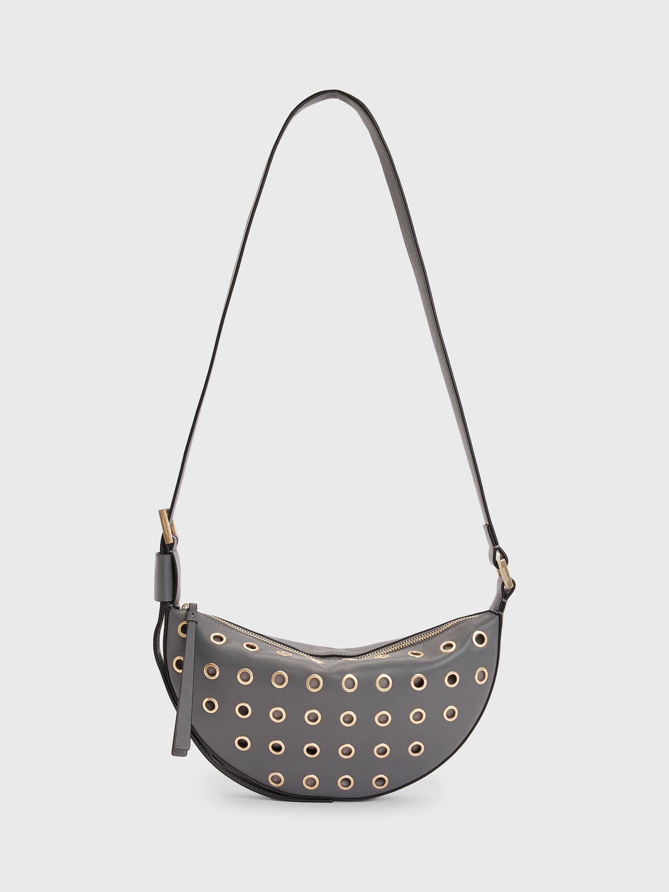 AllSaints Half Moon Eyelet Leather Shoulder Bag, Slate Grey