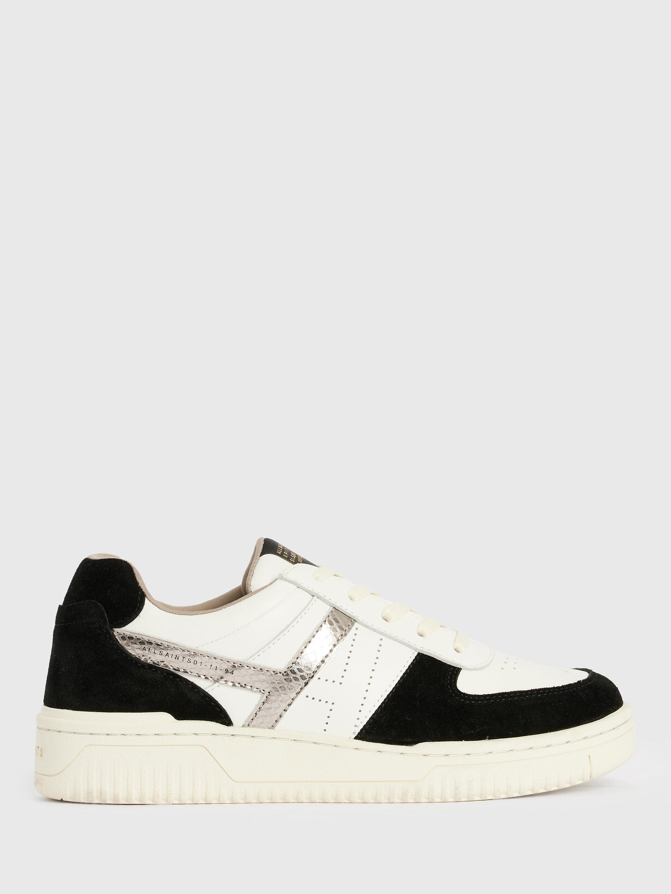 Product image 1 of 7, which shows AllSaints Vix Low Top Leather and Suede Trainers, White/Black/Gunmetal, 3