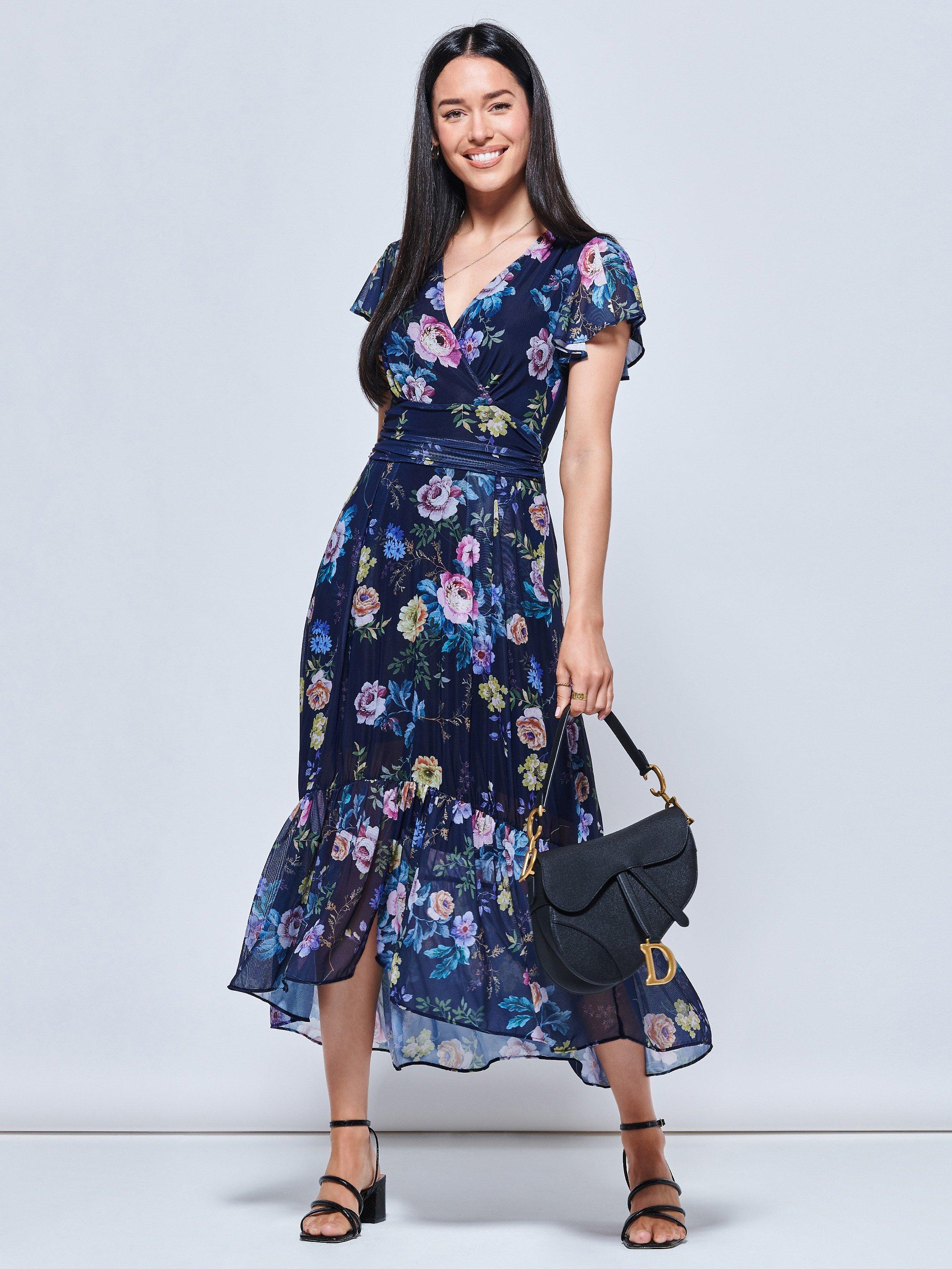 Jolie Moi Carleigh Floral Ruffle Hem Dress, Navy