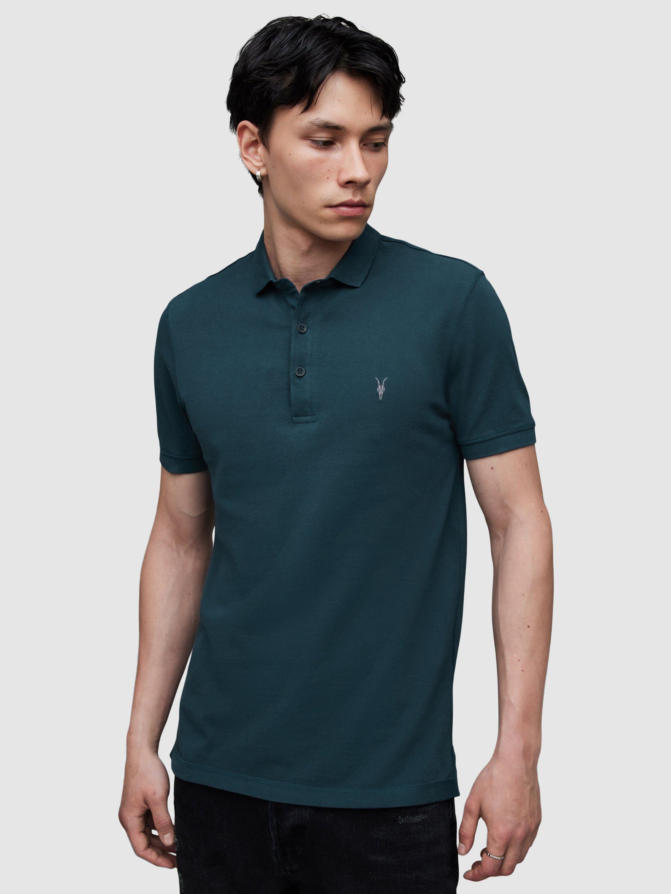 AllSaints Reform Short Sleeve Polo Top, Jade Blue