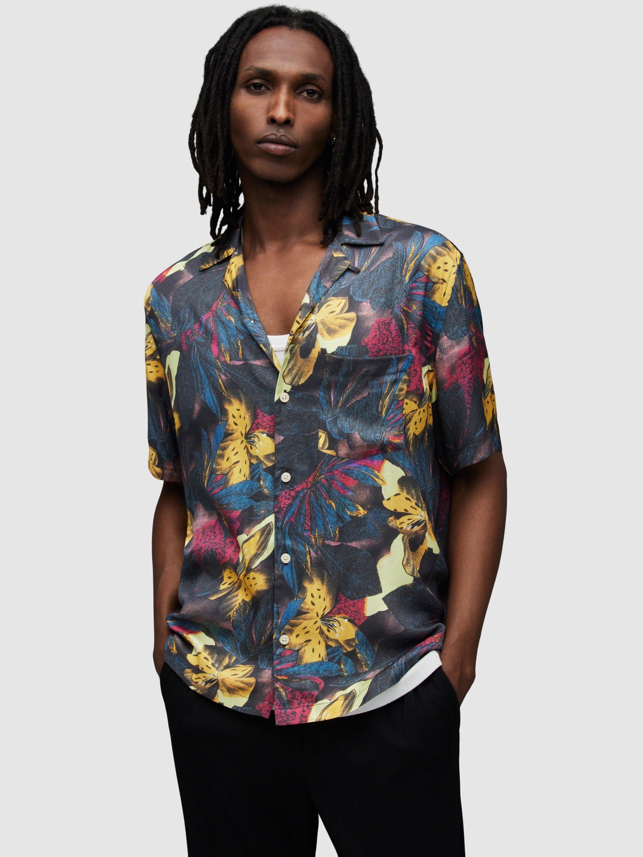 AllSaints Goldberg Floral Print Short Sleeve Shirt, Black