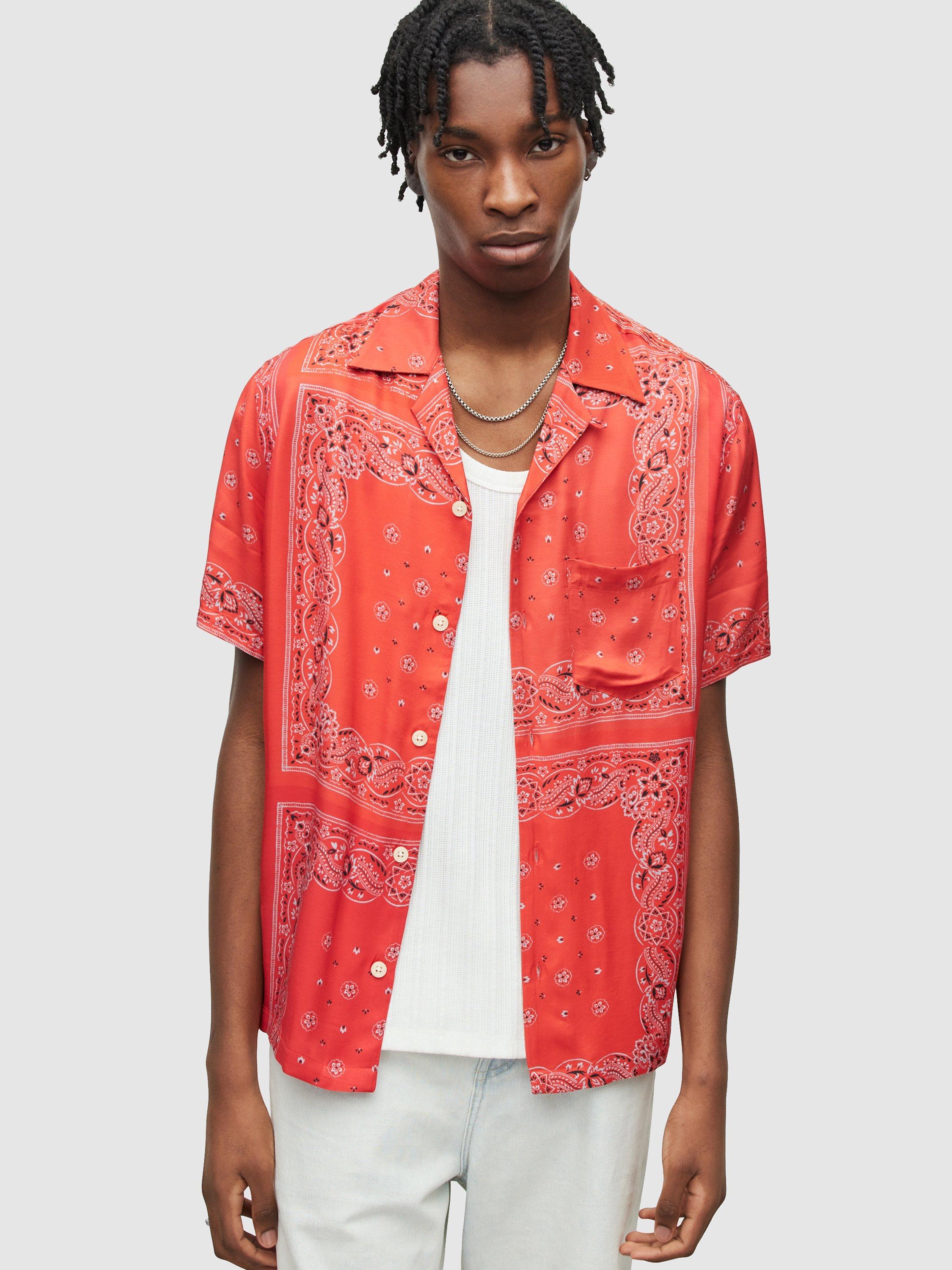 AllSaints Tikal Bandana Print Short Sleeve Shirt, Ruby Red