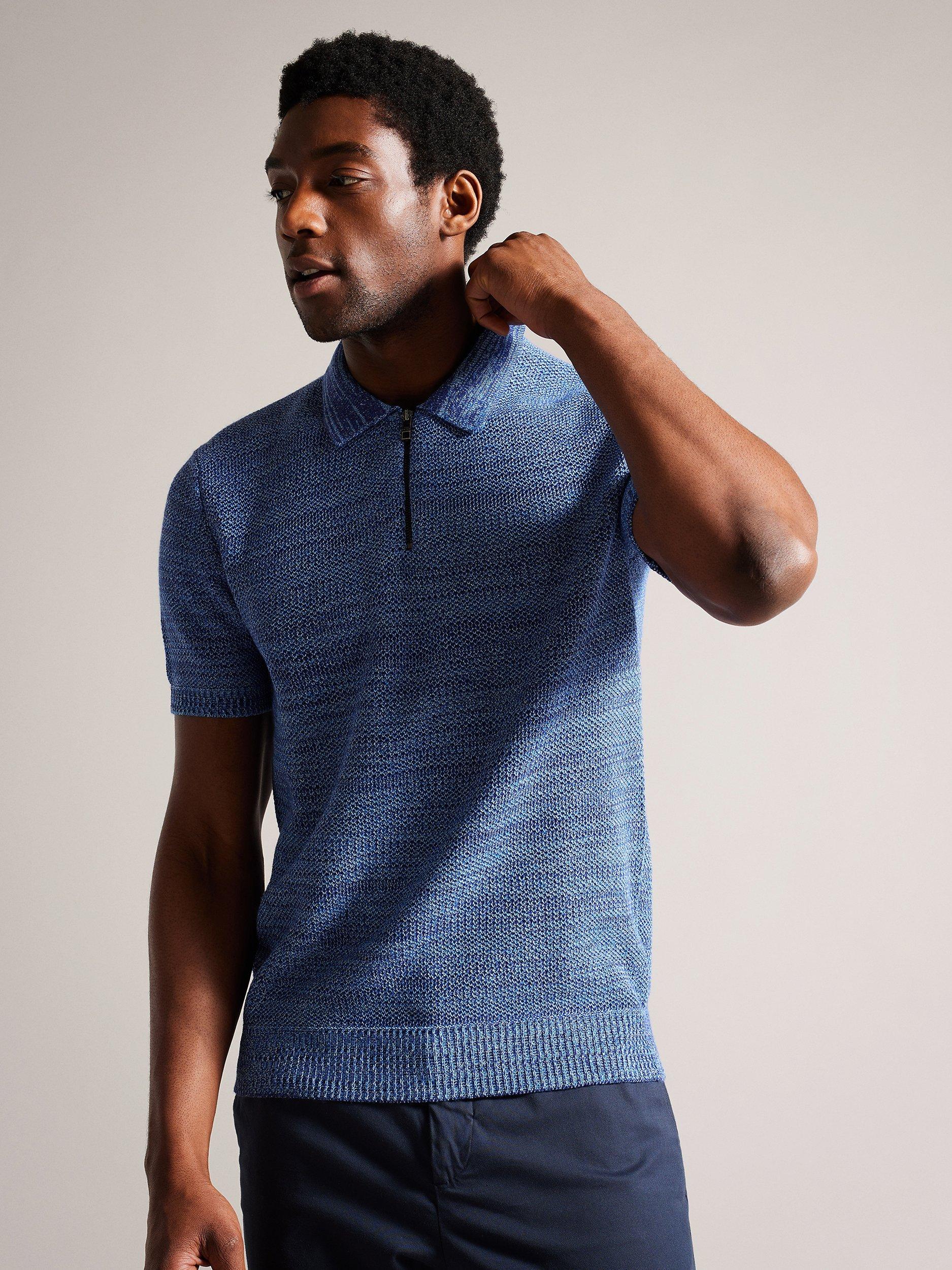 Ted Baker Blossam Textured Zip Polo Shirt, Mid Blue