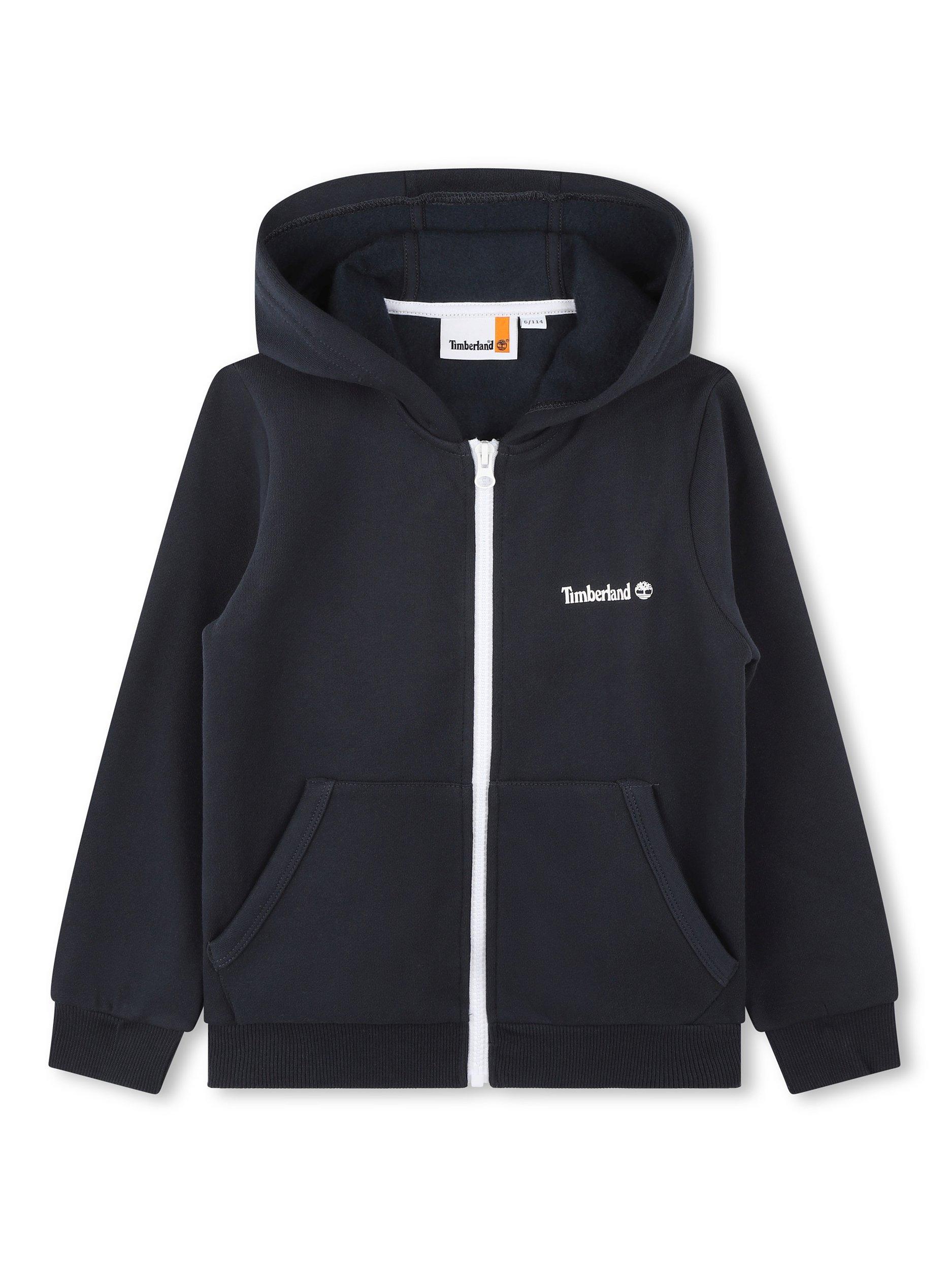 Product image 1 of 2, which shows Timberland Kids' Logo Graphic Back Zip Through Hoodie, Navy, 6 years