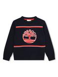 Timberland Kids' Graphic Tree Logo Jaquard Stripe Knit Pullover Jumper, Dark Blue/Multi